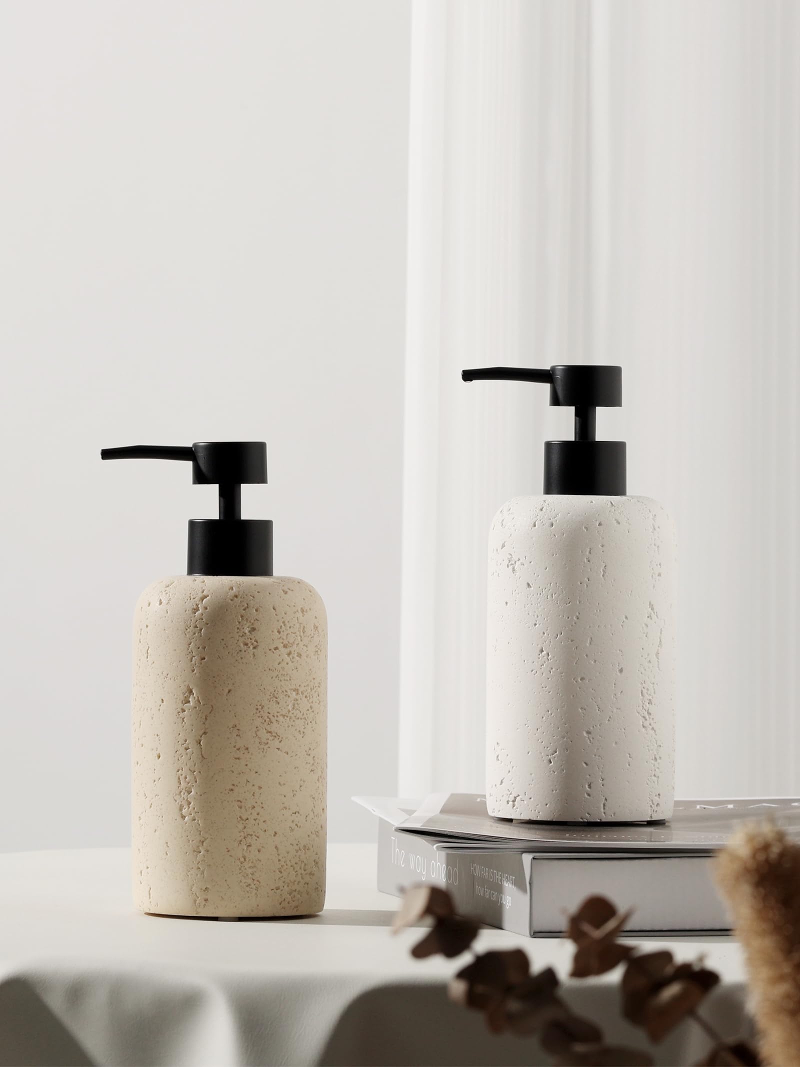 Haocoott Soap Dispensers 340Ml 11 Oz, 2 Pcs Luxurious Hand Dish Lotion Shampoo Soap Dispenser Jar, Travertine Soap Pump Bottles