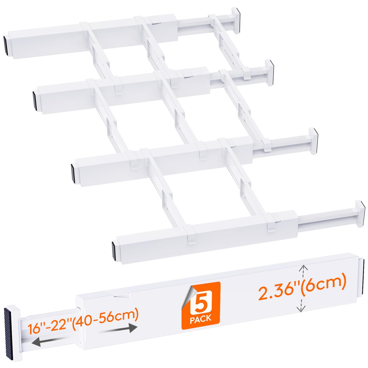 Lifewit 5 Pack Drawer Dividers 2.36'' High, 16''-22'' Adjustable Drawer Organizer with 8 Inserts for Utensils/Clothes/Makeup, Pl