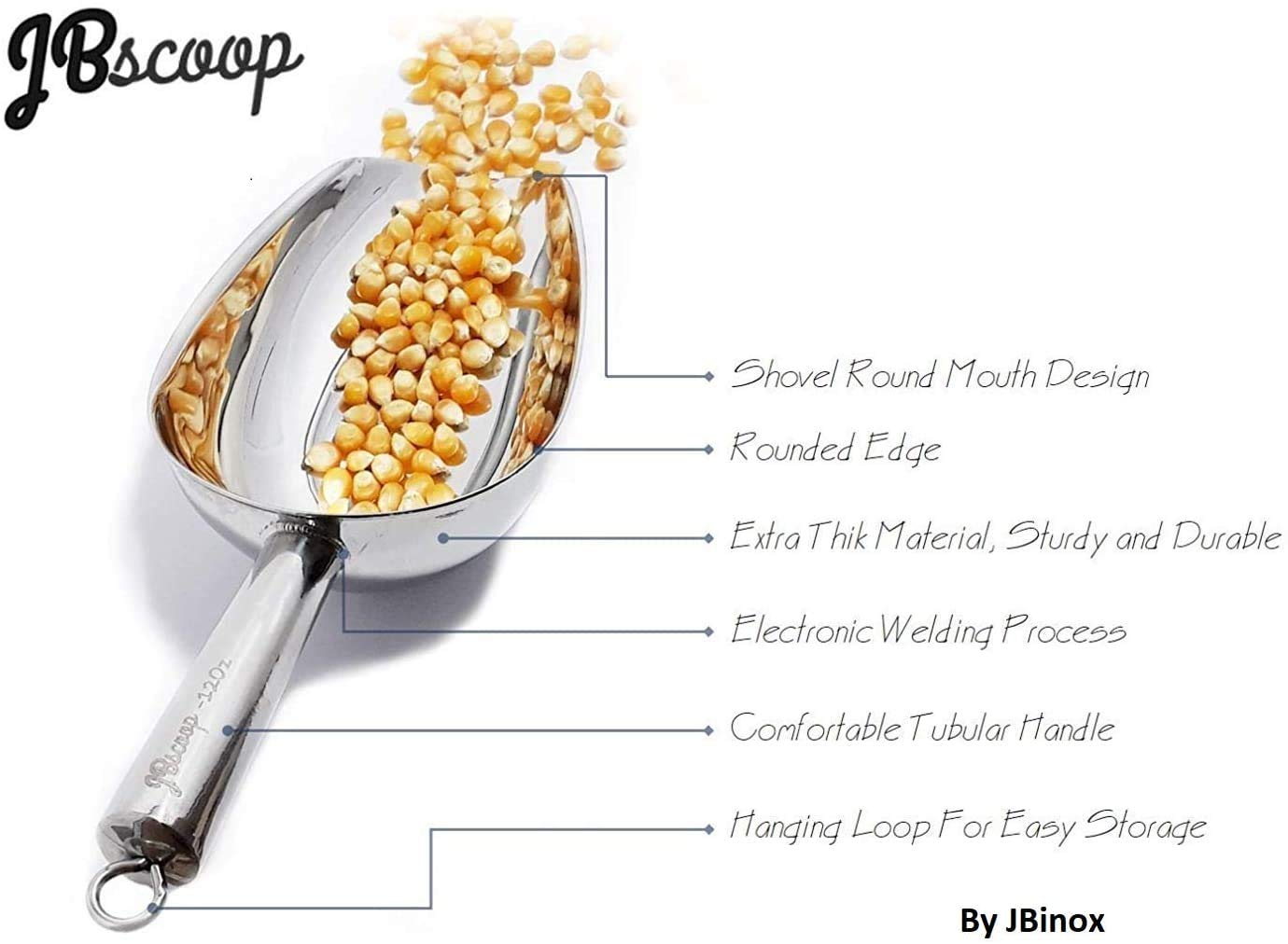 Jbscoop Stainless Steel Scoop For Ice, 9.6 Inch Metal Food Scoop Kitchen Bar Party Wedding Heavy Duty Dishwasher Safe - 8 Oz