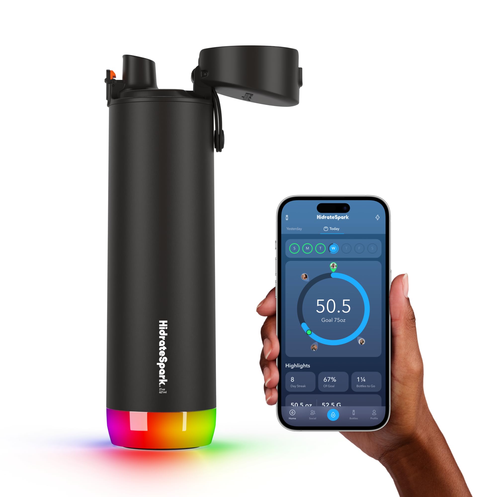 Hidrate Spark Pro Smart Water Bottle - Tracks Water Intake With Bluetooth, Led Glow Reminder When You Need To Drink - Chug Lid,