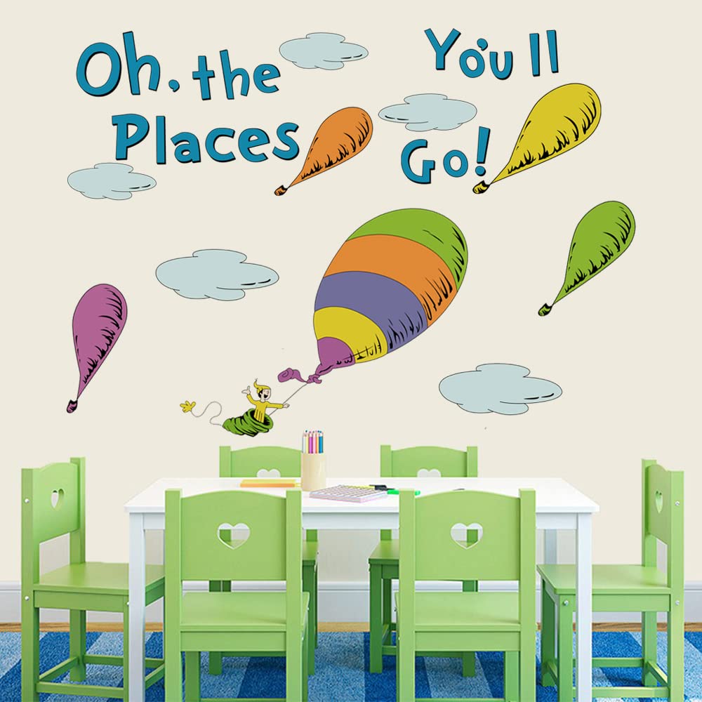 Runtoo Oh The Places You'Ll Go Wall Art Decal Inspirational Quotes Hot Air Balloon Wall Stickers Kids Reading Room Playroom Bedr
