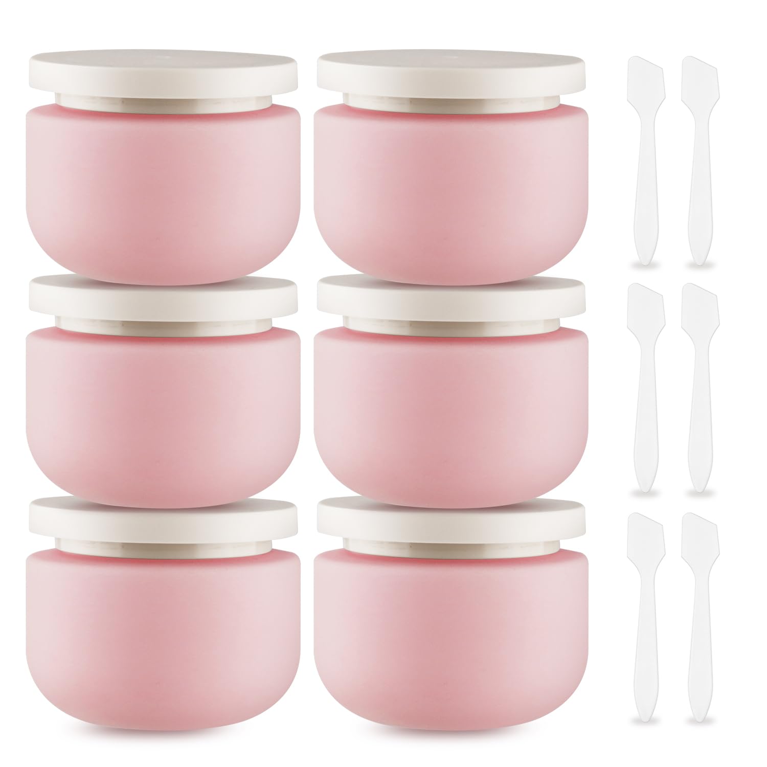 DynnnDy 6 Pcs 250ml/8oz Matte Pink Plastic Cream Jars with 6 Spatulas Empty Refillable Facial Scrub Bottles Travel Size Cosmetic
