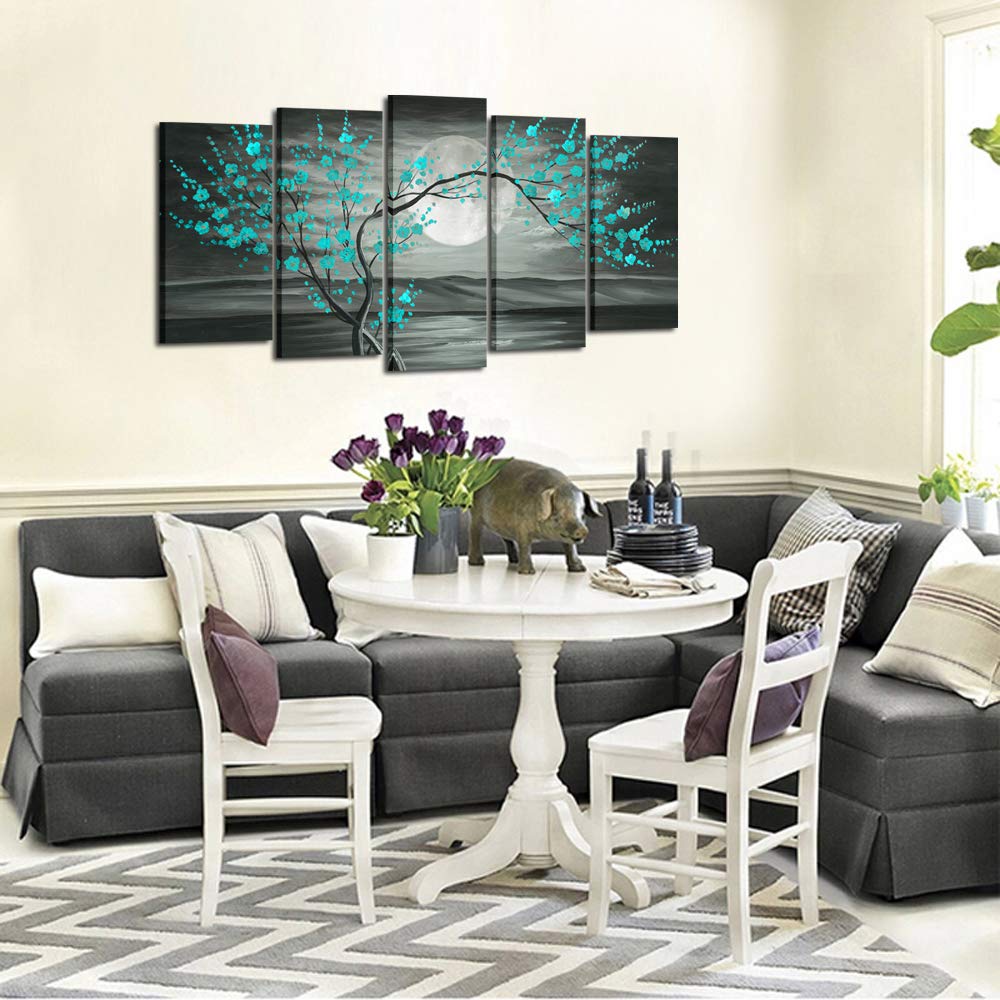 KREATIVE ARTS Large 5pcs Canvas Wall Art Prints Teal Grey Plum Blossom Tree Full Moon Paintings Contemporary Decorative Artwork For Living Room Walls Decor Framed Ready To Hang (Large 60x32inch)