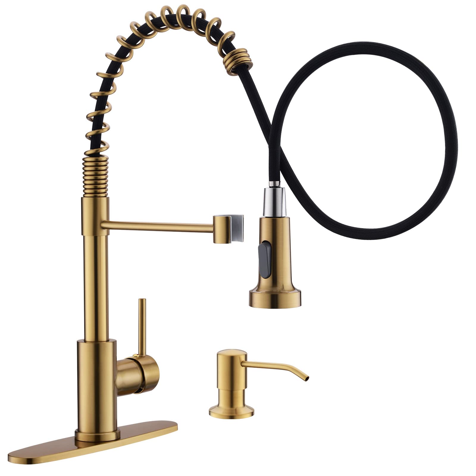 Gimili Brushed Gold Kitchen Faucet With Soap Dispenser, Commercial Single Handle Spring Pull Out Kitchen Sink Faucets With Pull
