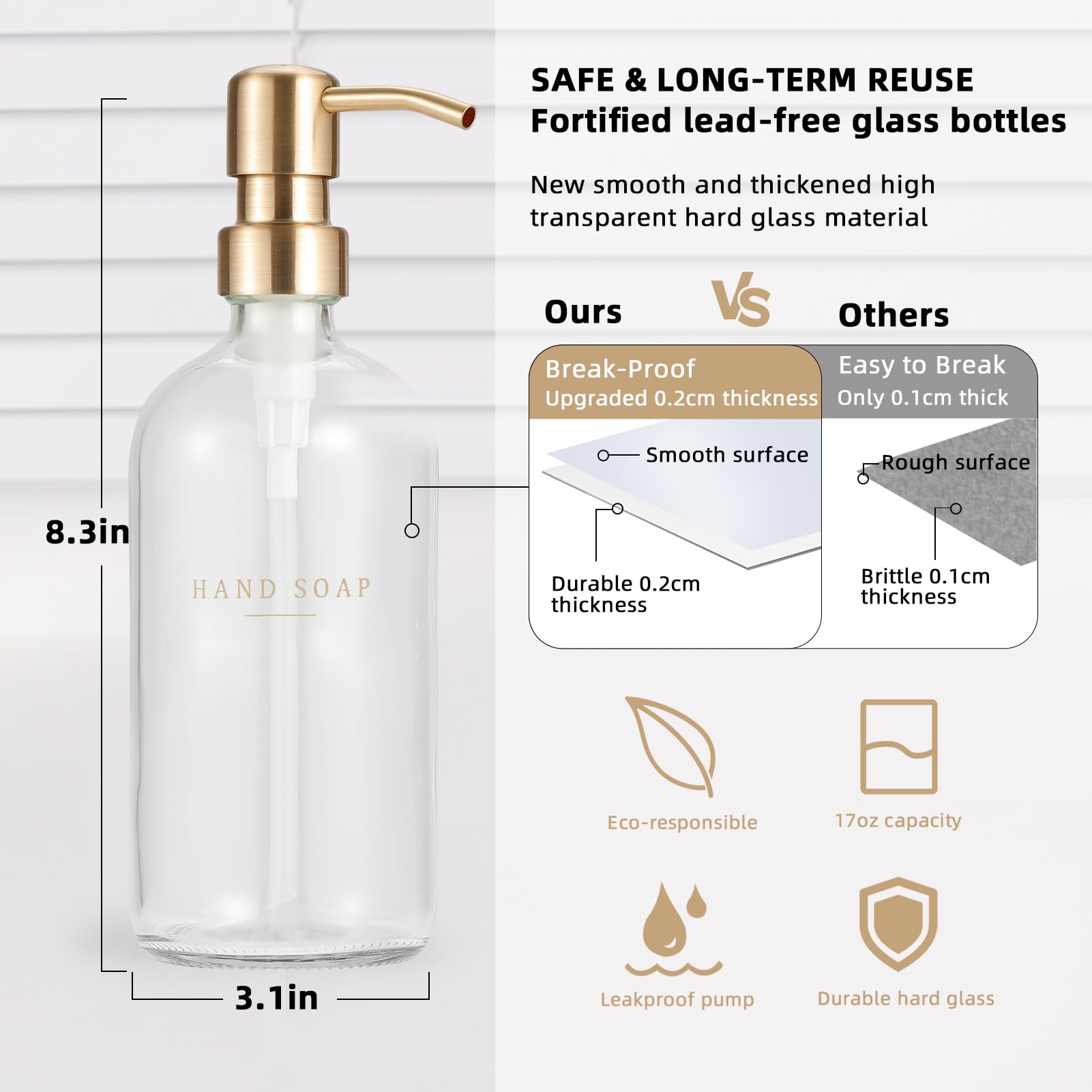 Glass Soap Dispenser - Dish Soap Dispenser For Kitchen And Hand Soap Dispenser Set, Bathroom Soap Dispenser With 304 Rust Proof