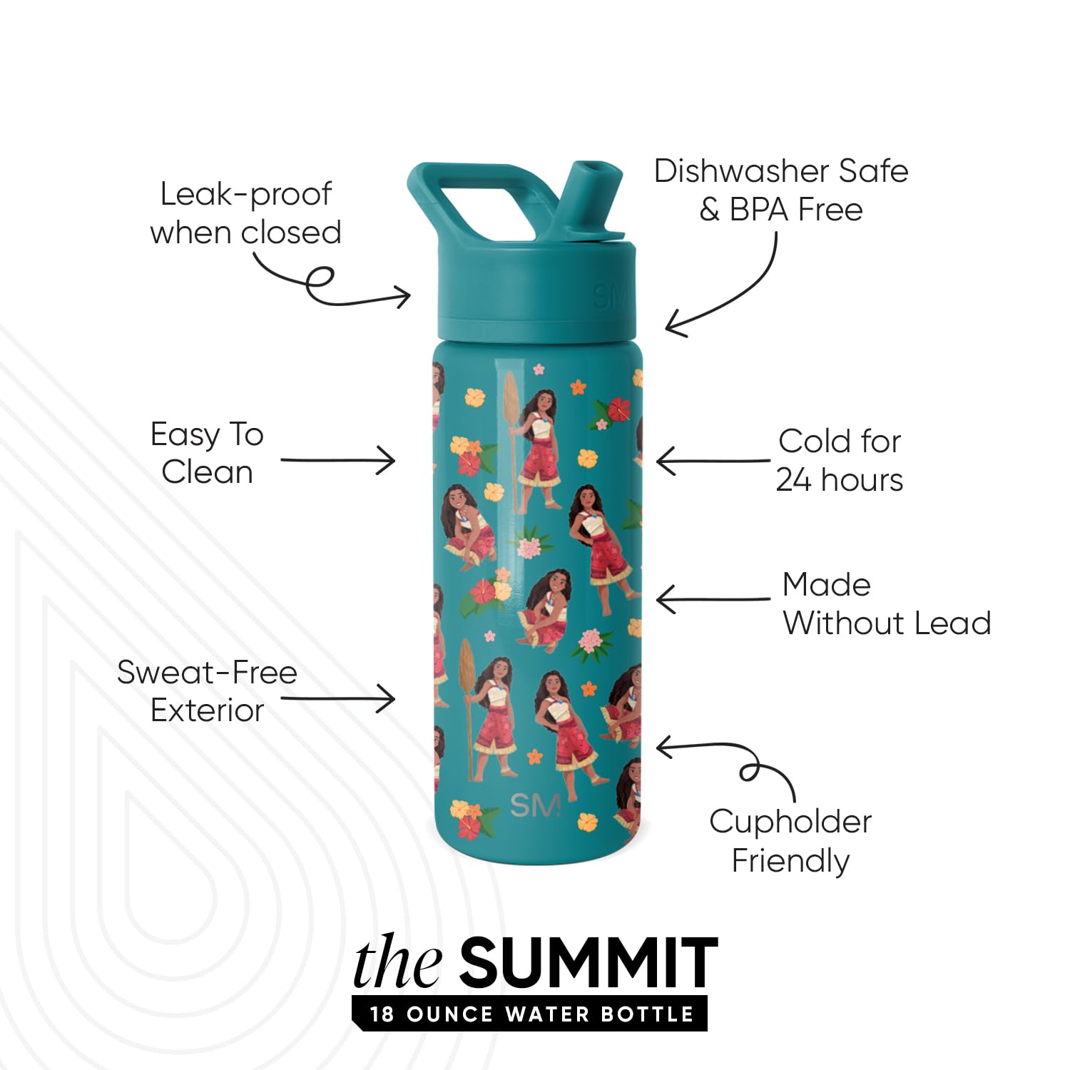 Simple Modern Kids Summit Water Bottle with Straw Lid | Disney Moana 18oz Stainless Steel Cup Insulated Tumbler for Girls, Schoo