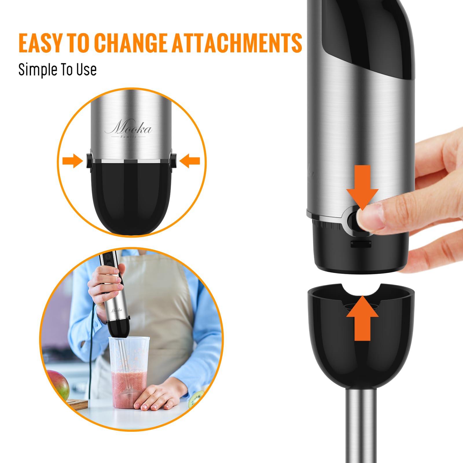 MOOKA 5-in-1 Immersion Blender, 1100W Handheld Stick Blender, 12-Speed, Stainless Steel, Black, Model BM-HB102