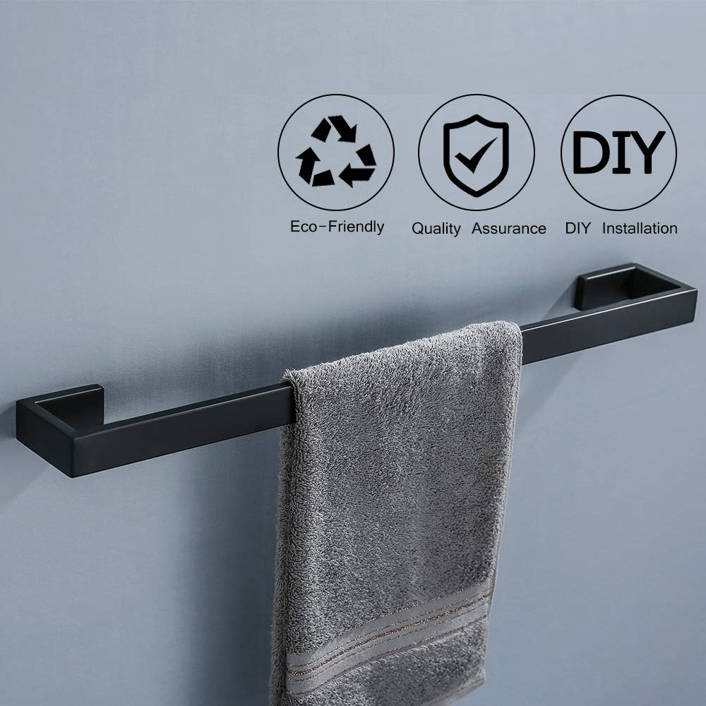 TNOMS 4 Pieces Bathroom Hardware Accessories Set Black Towel Bar Towel Holder Robe Hook Toilet Paper Holder Stainless Steel Q8-P4BK