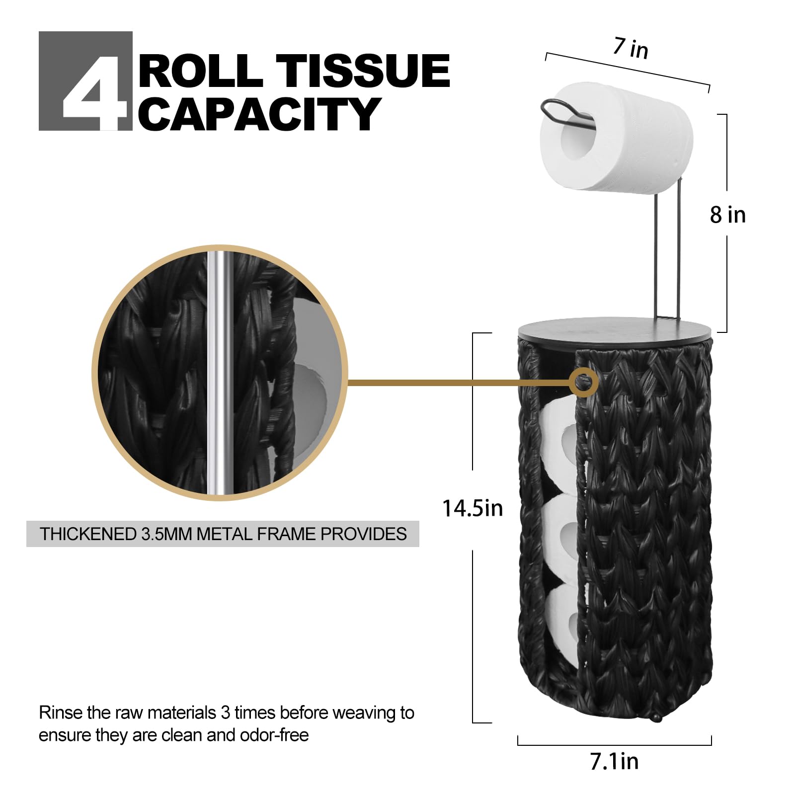 Coeusy Black Toilet Paper Holder Stand With Shelf,Wicker Toilet Paper Storage With Wooden Lid,4 Rolls Of Tissue Holder For Bathr