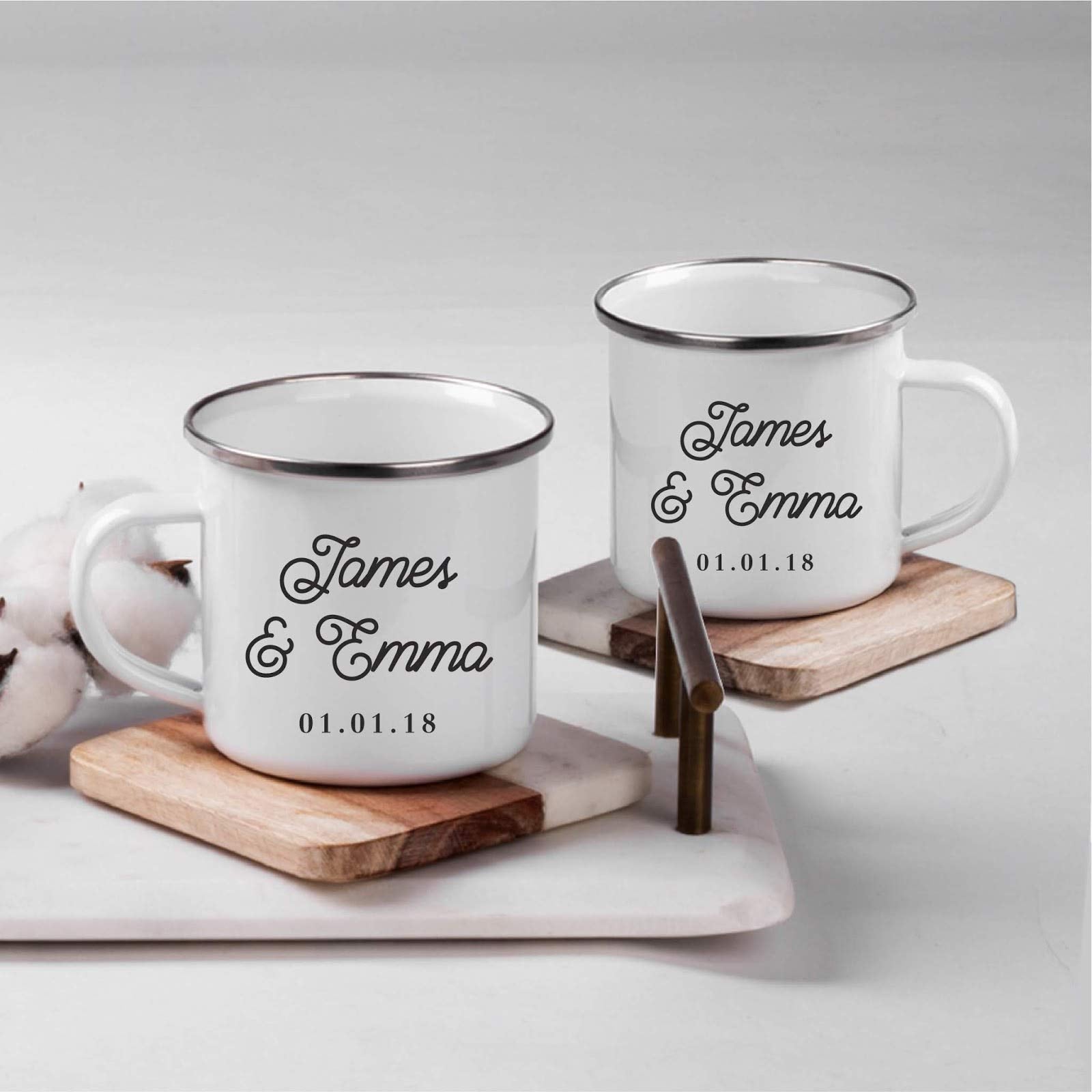 Andaz Press Fully Personalized Stainless Steel Campfire Coffee Mugs Gift Set, Bride Groom Names and Date, 2-Pack, Metal Enamel C