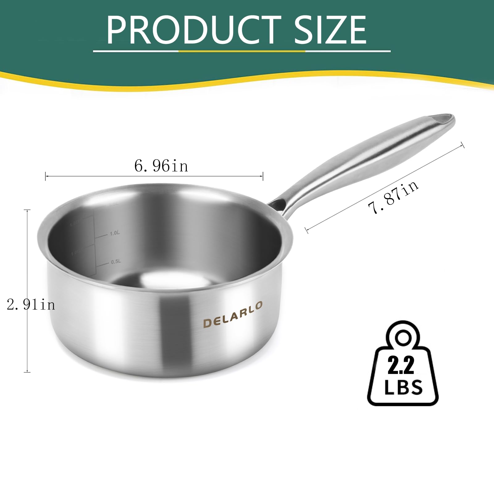 Delarlo Whole Body Tri-Ply Stainless Steel Induction Cooking Small Saucepan With Lid,Heavy Bottom Milk Pan,Dishwasher Safe & Ove