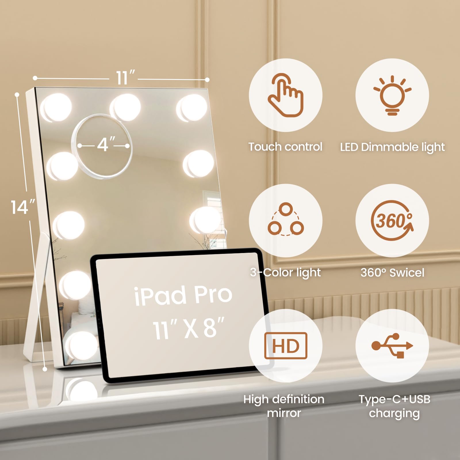 Ajjssa Hollywood Vanity Mirror, 11''X 14'' Hollywood Lighted Makeup Mirror With Detachable 10X Magnification & 11Dimmable 3 Colo