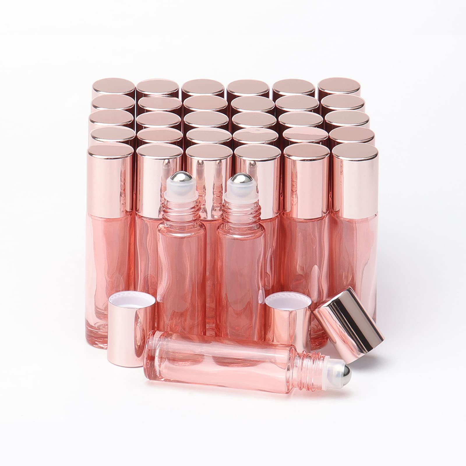 JIUWU 33Pcs 10ml Pink Glass Roll on Bottles, Clear Glass Roller Bottles