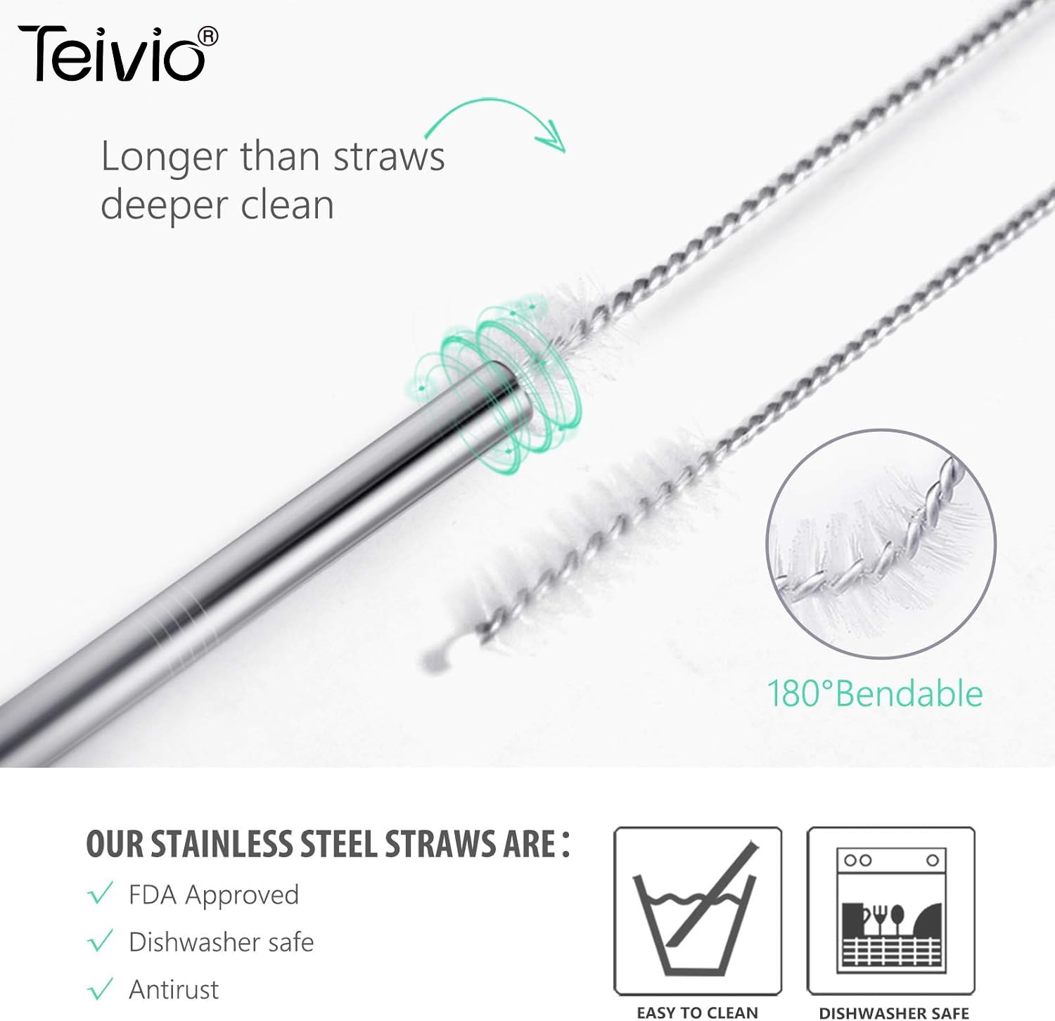 Teivio Stainless Steel Straws Set - 8 Piece 5/16 inch Reusable Metal Straws with Silicone Tips & Cleaning Brush, Silver, 12 Inch Long