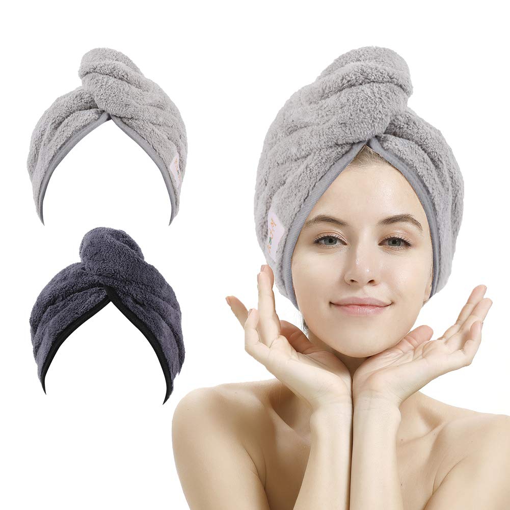 M-bestl 2 Pack Hair Drying Towels, Hair Towel Wrap, Absorbent Microfiber Hair Towel Turban with Button Design to Dry Hair Quickl
