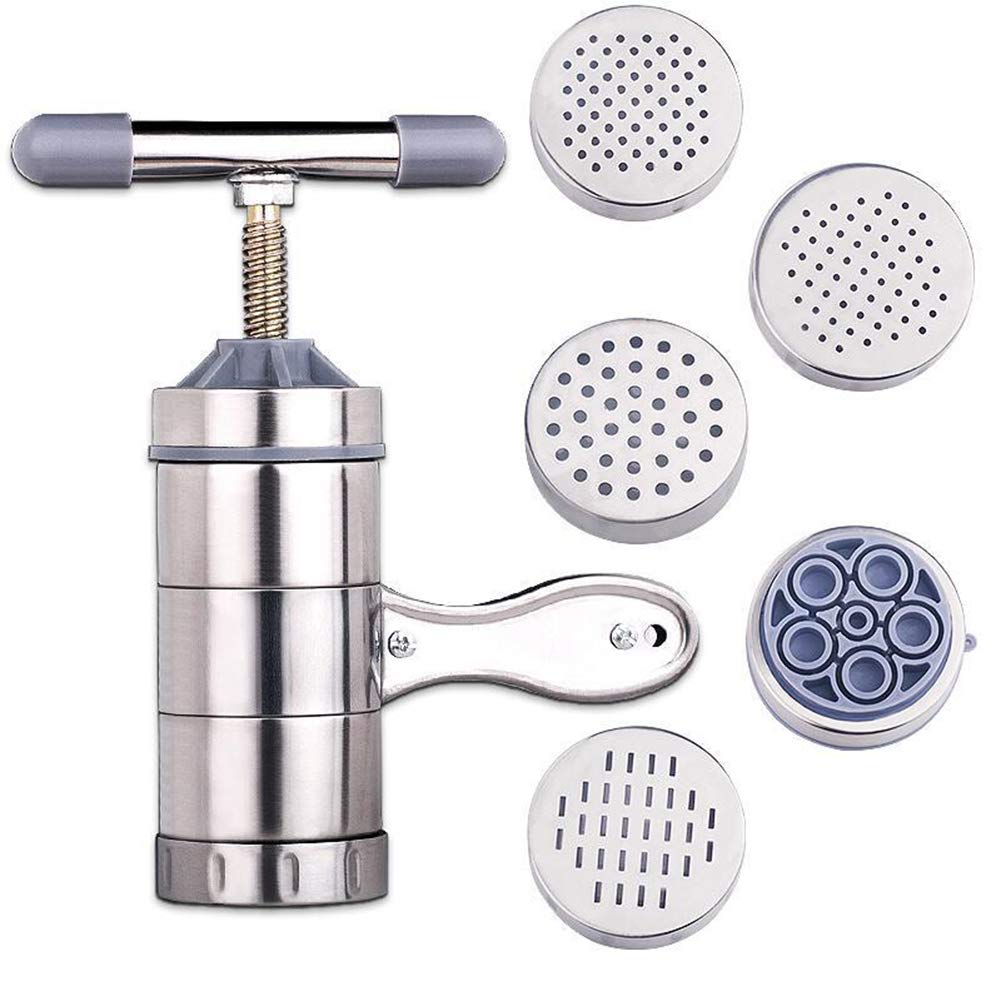 Hovico Press Pasta Machine,Stainless Steel Manual Noodles,5 Interchangeable Discs For Fine,Professional Fresh Pasta Machine Lasa