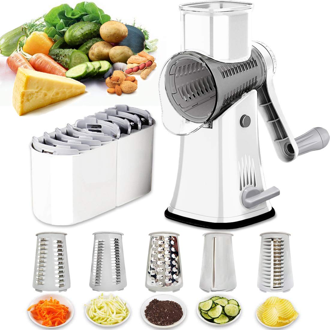 Rotary Cheese Grater Shredder 5-In-1 Tumbling Box Mandoline Vegetable Julienne Slicer Waffle Cutter Nut Chopper With Handle And