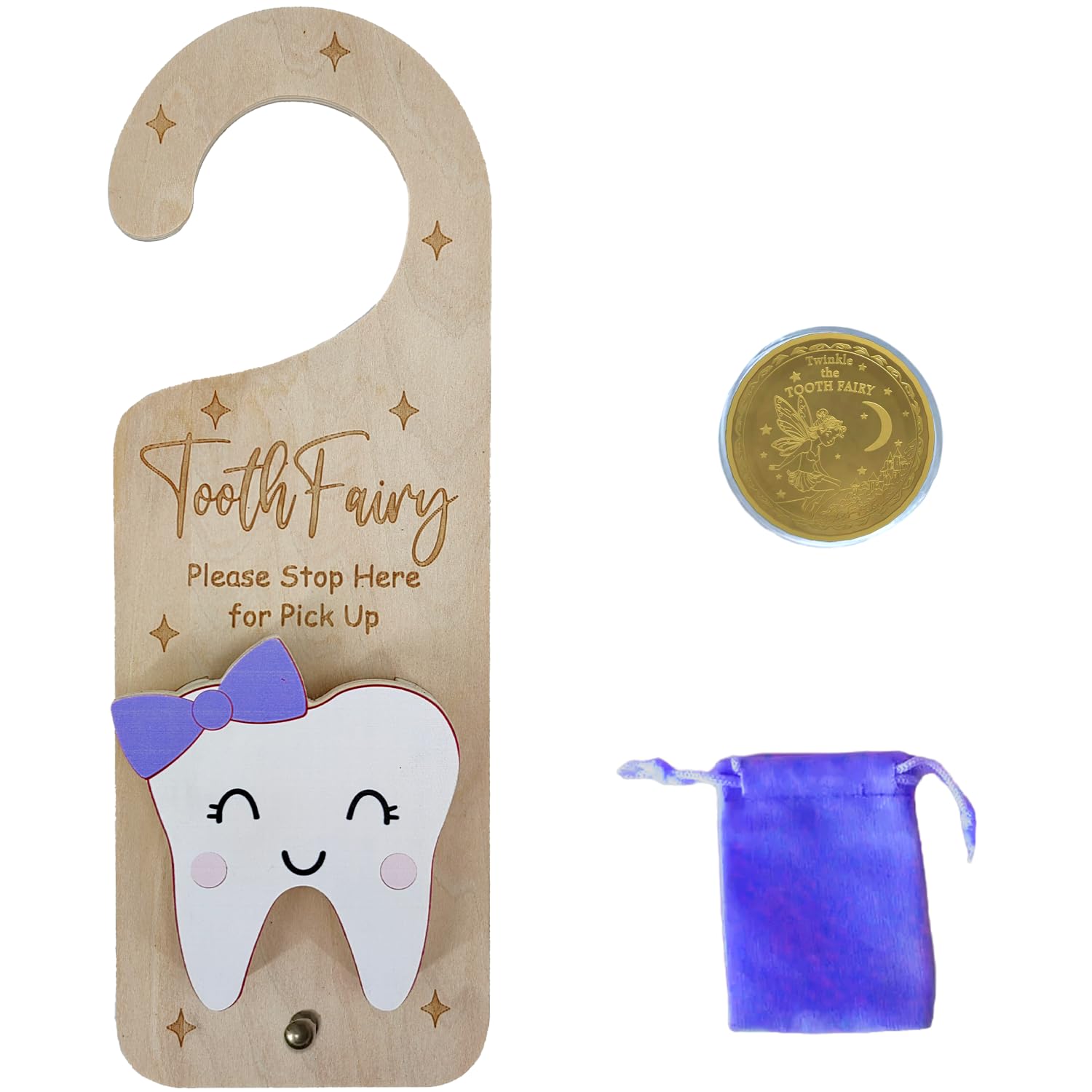 Tooth Fairy Door Hanger, Wooden Tooth Fairy Money Holder with Tooth Coins for Lost Tooth Kids Gifts (Purple)