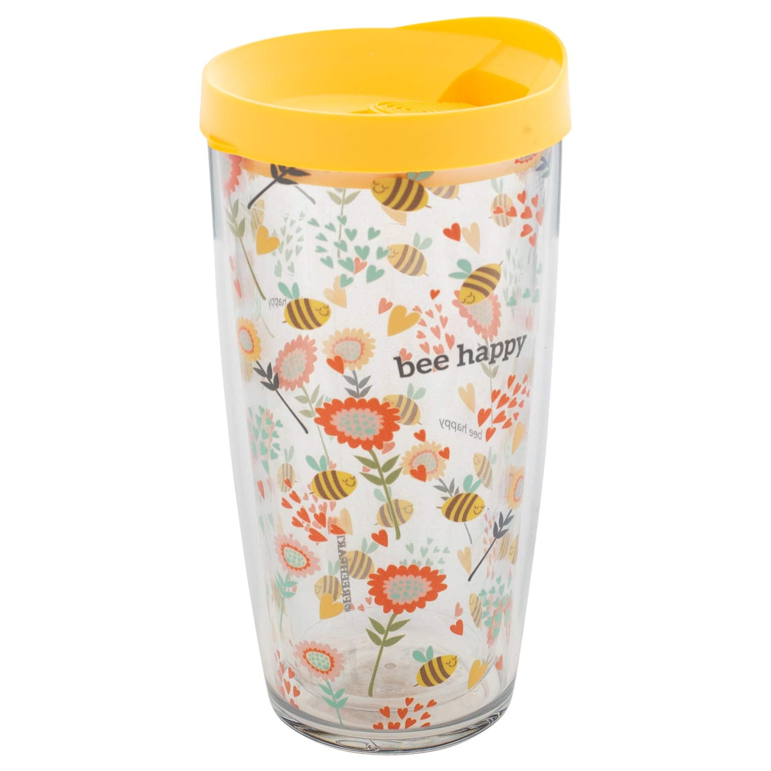 Signature Tumblers Bee Happy Bees And Flowers Wrap On Clear 16 Ounce Double-Walled Travel Tumbler Mug With Sunshine Yellow Easy
