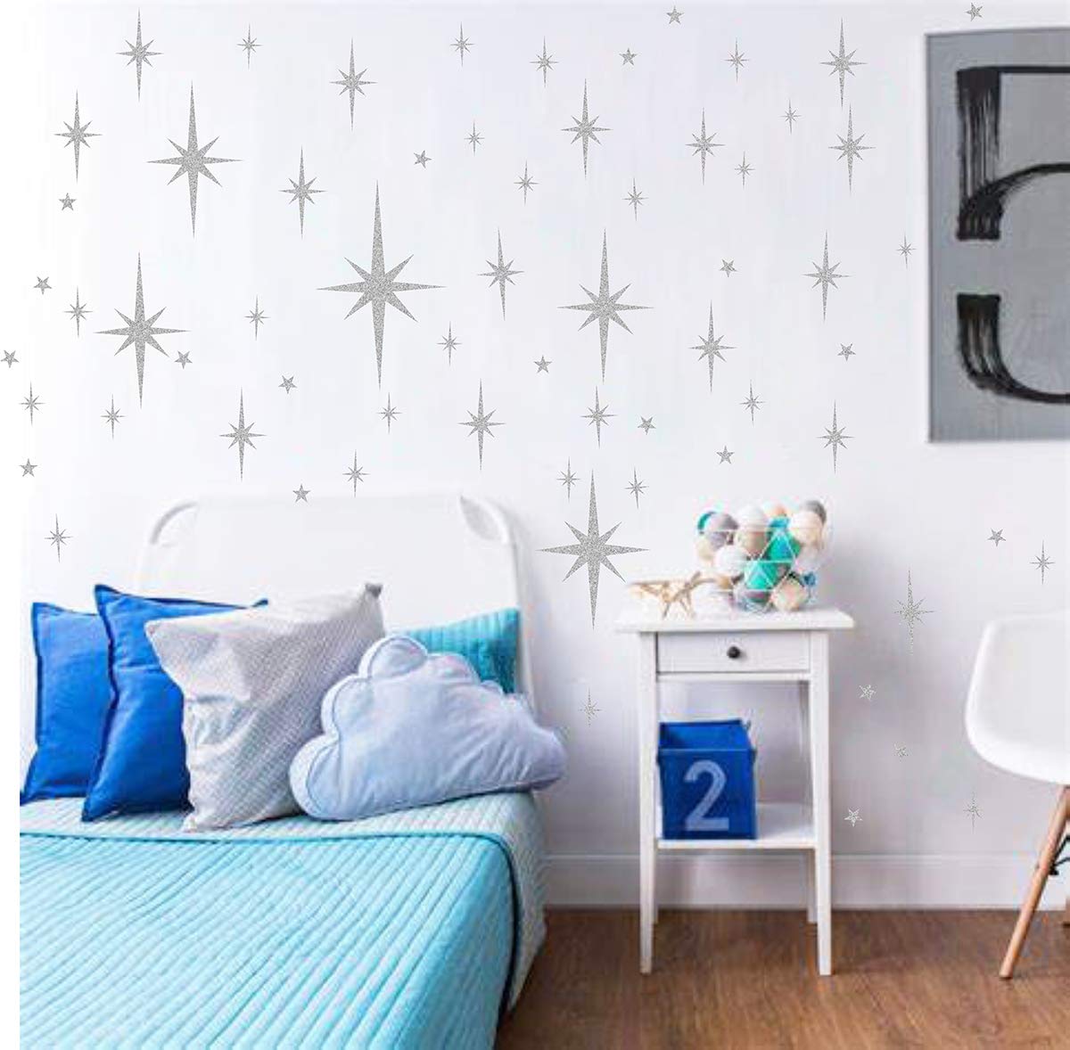 Easma Retro Starburst Wall Decals - 116pcs Vinyl Peel and Stick Stars - Vintage Silver Geometric Nursery Decor