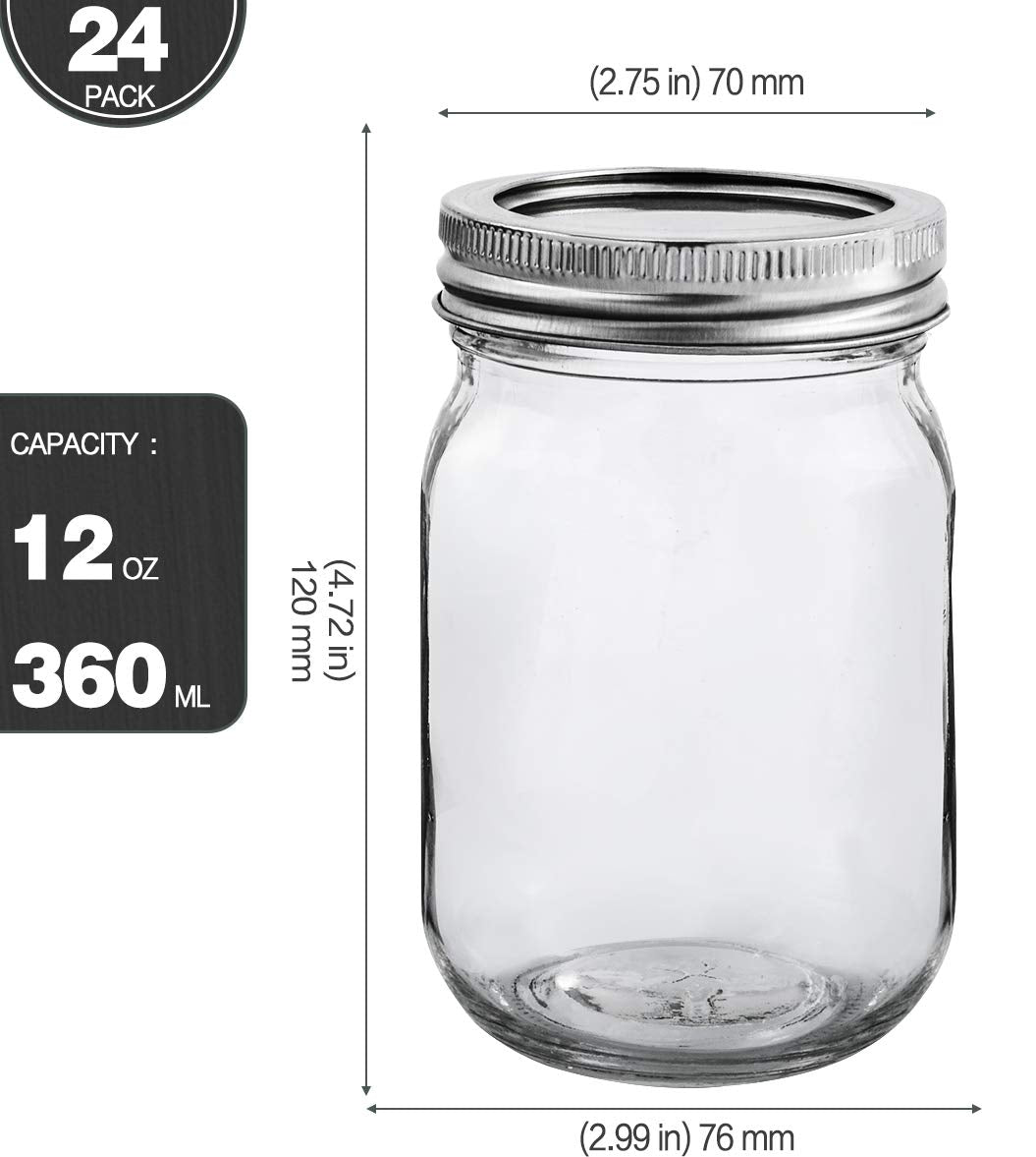 Kamota Mason Jars 12 Oz With Regular Lids And Bands, Ideal For Jam, Honey, Wedding Favors, Shower Favors, Diy Spice Jars, 24 Pac