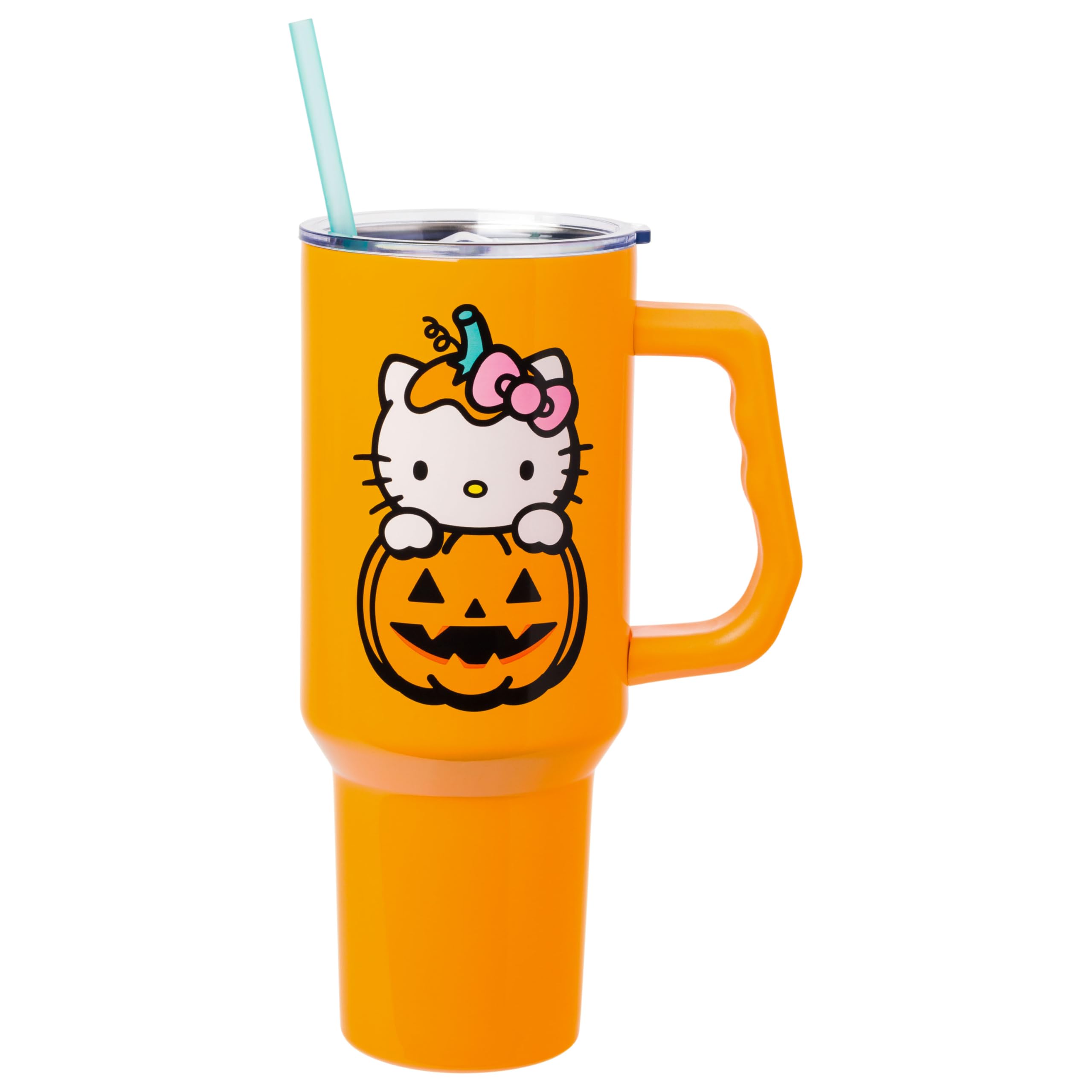 Silver Buffalo Sanrio Hello Kitty Halloween Jack-O-Lantern Stainless Steel Tumbler With Handle And Straw, Fits In Standard Cup H