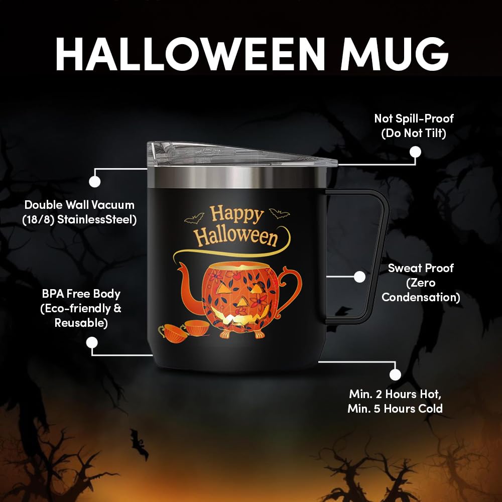 VAHDAM Halloween Pumpkin Mug (10oz) Halloween Coffee Mug - Stainless Steel Double Wall Insulated Mug with Lid & Handle | Hallowe