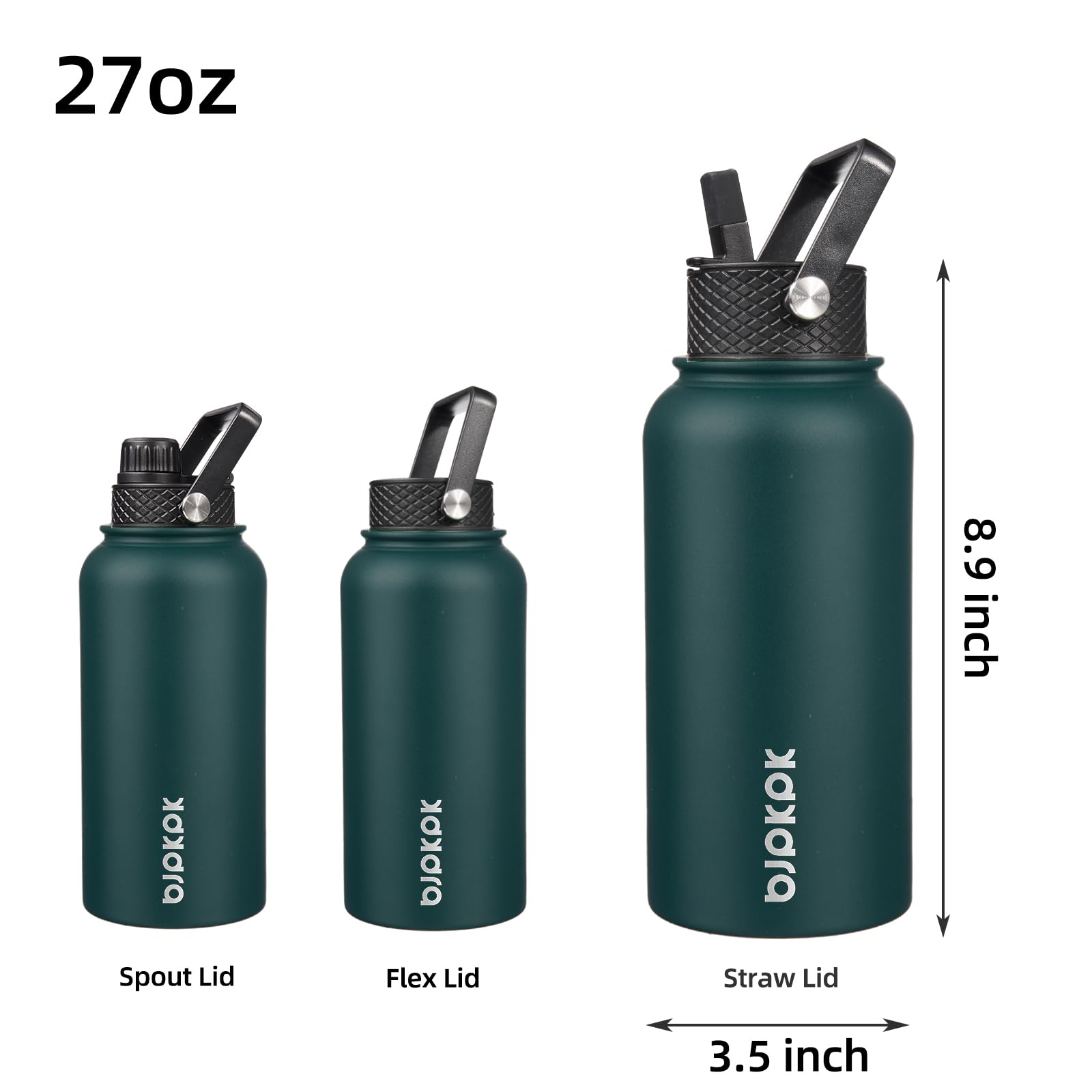 BJPKPK Insulated Water Bottles with Straw Lid, 27oz Stainless Steel Water Bottle with 3 Lids, Leak Proof BPA Free Metal Thermo,