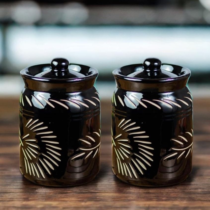Ceramic Pickle Jar Floral Cutting(Set Of 2) | Black Achaar Container | Kitchen Storage Containers For Pickles & Spices | Ceramic