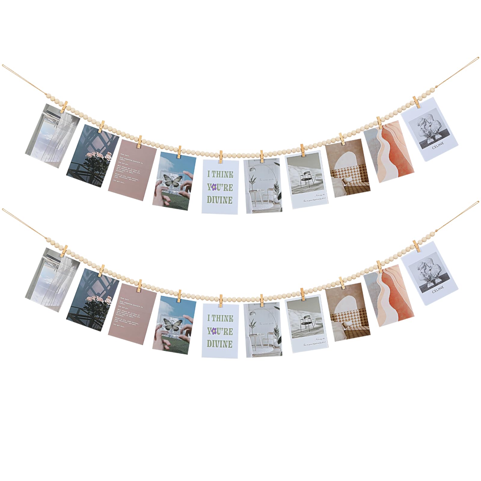 2Pcs Hanging Photo Display with Clips, Boho Wooden Bead Garland Collage Picture Frame Wall Decor, Photo String with 10 Clips for
