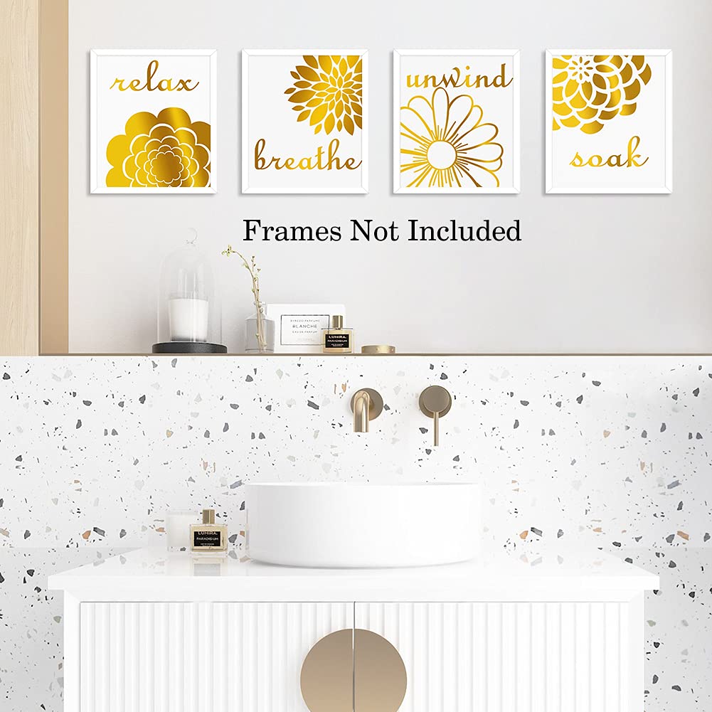 Lhiuem Gold And White Bathroom Pictures Wall Art Decor,Abstract Flowers Gold Foil Print,Set Of 4 Soak Relax Unwind Quote And Say