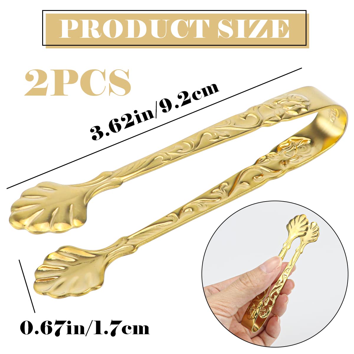 Doerdo 2Pcs Ice Cube Tongs Sugar Tongs Stainless Steel Mini Serving Tongs Appetizers Tongs For Tea Party Coffee Bar, Gold