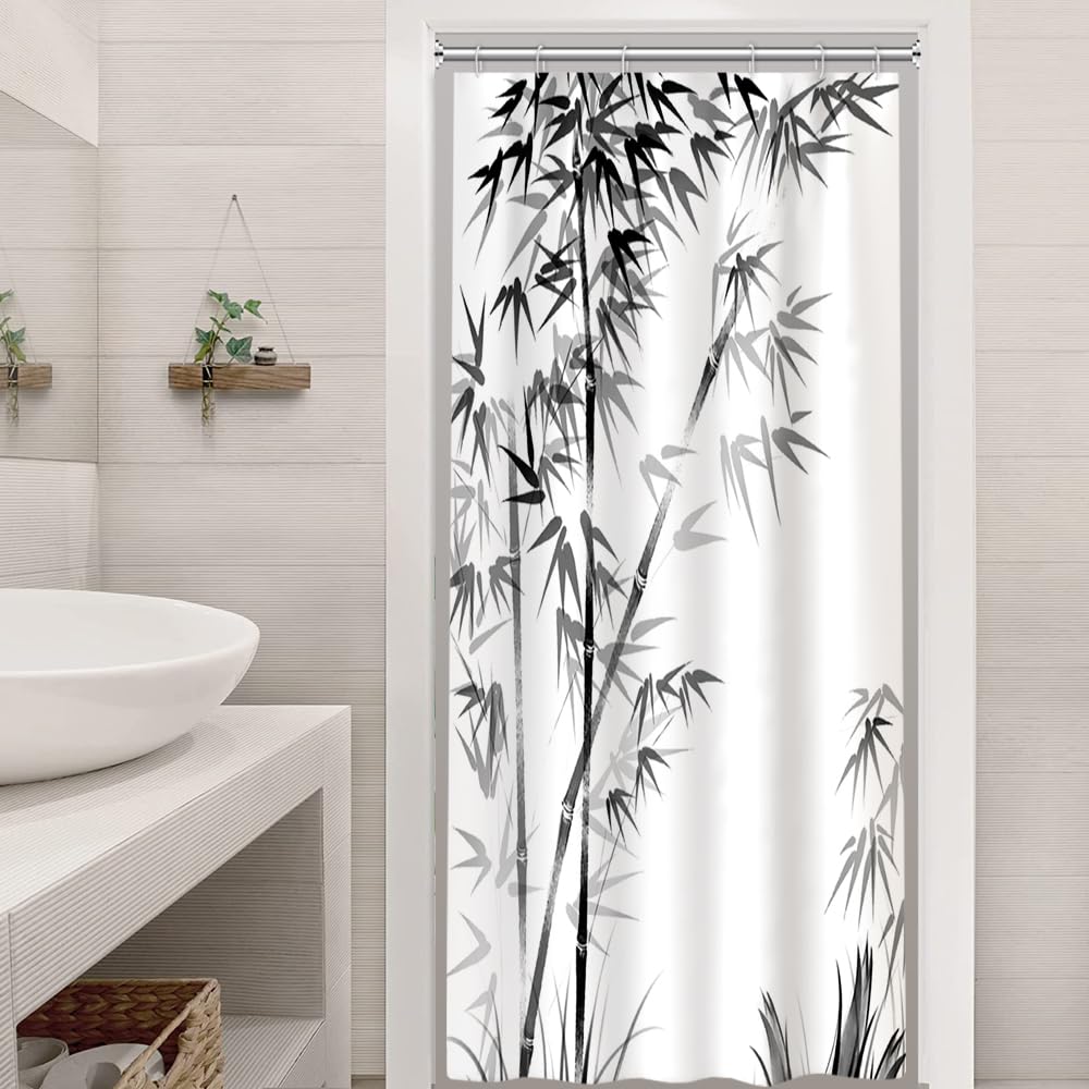Ruelvth Stall Shower Curtain, Aesthetic Ink Bamboo Small Shower Curtain Set For Bathroom Waterproof Fabric Black And White Rv Ba