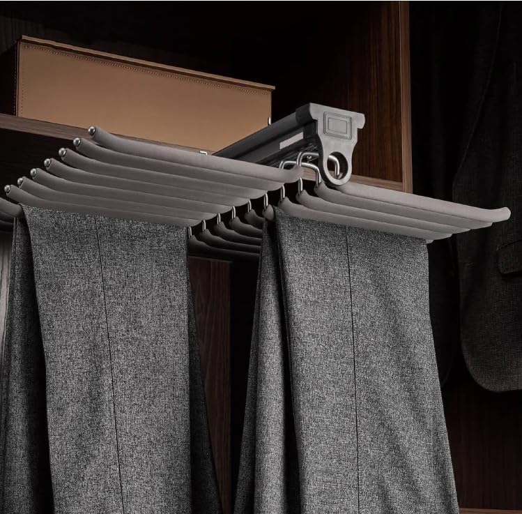 Dbr Metal Kitchen Soft Close Pull-Out Trouser/Saree Rack For Wardrobe Top-Mounted Hanging Trousers Rack (Double Row Pullout Gray