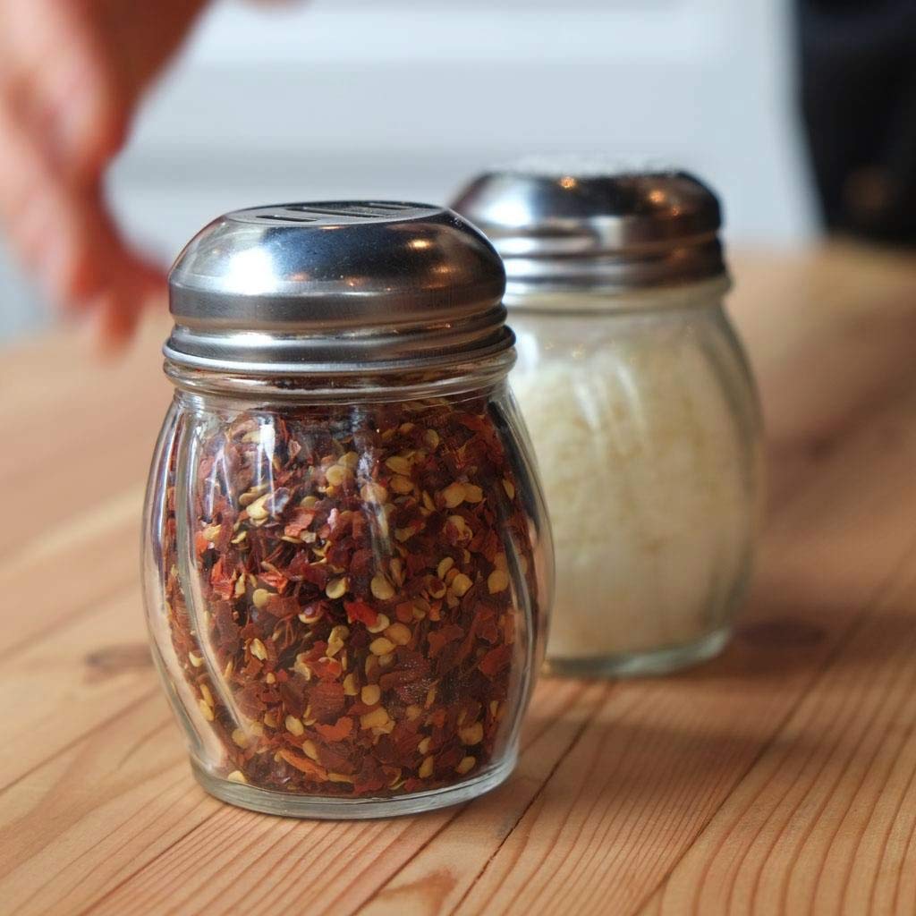 6-Ounces Glass Spices Shaker With Perforated Stainless Steel Top And Parmesan Cheese Shaker With Slotted Stainless Steel Top/Set