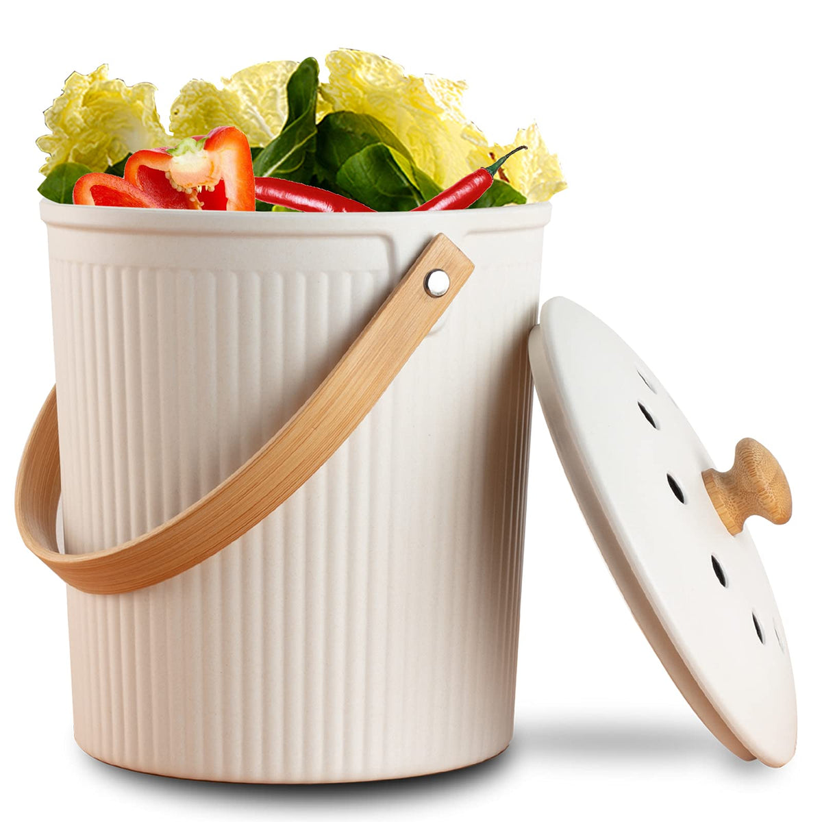 Lalastar Countertop Compost Bin With Lid, Made Of Sustainable Bamboo Fiber, Odorless Kitchen Compost Bucket, 1 Gallon, Cream