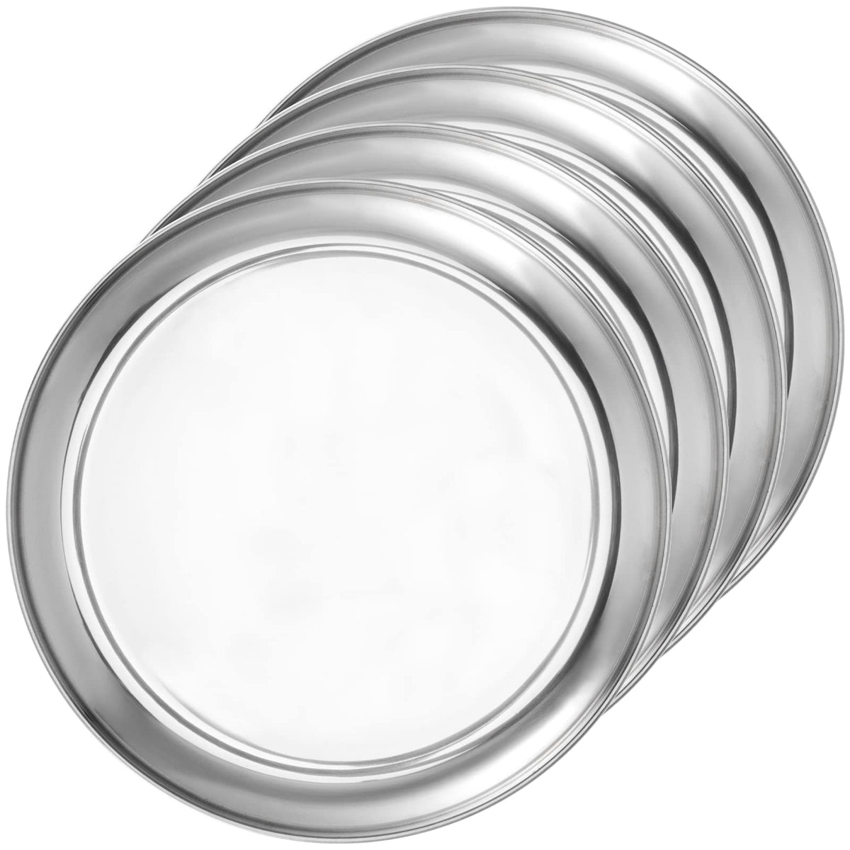 Joikit 4 Pack 12 Inch Stainless Steel Plate, Round Metal Dinner Plates, Kitchenware Dinner Dishes Serving Tray Large Camping Pla