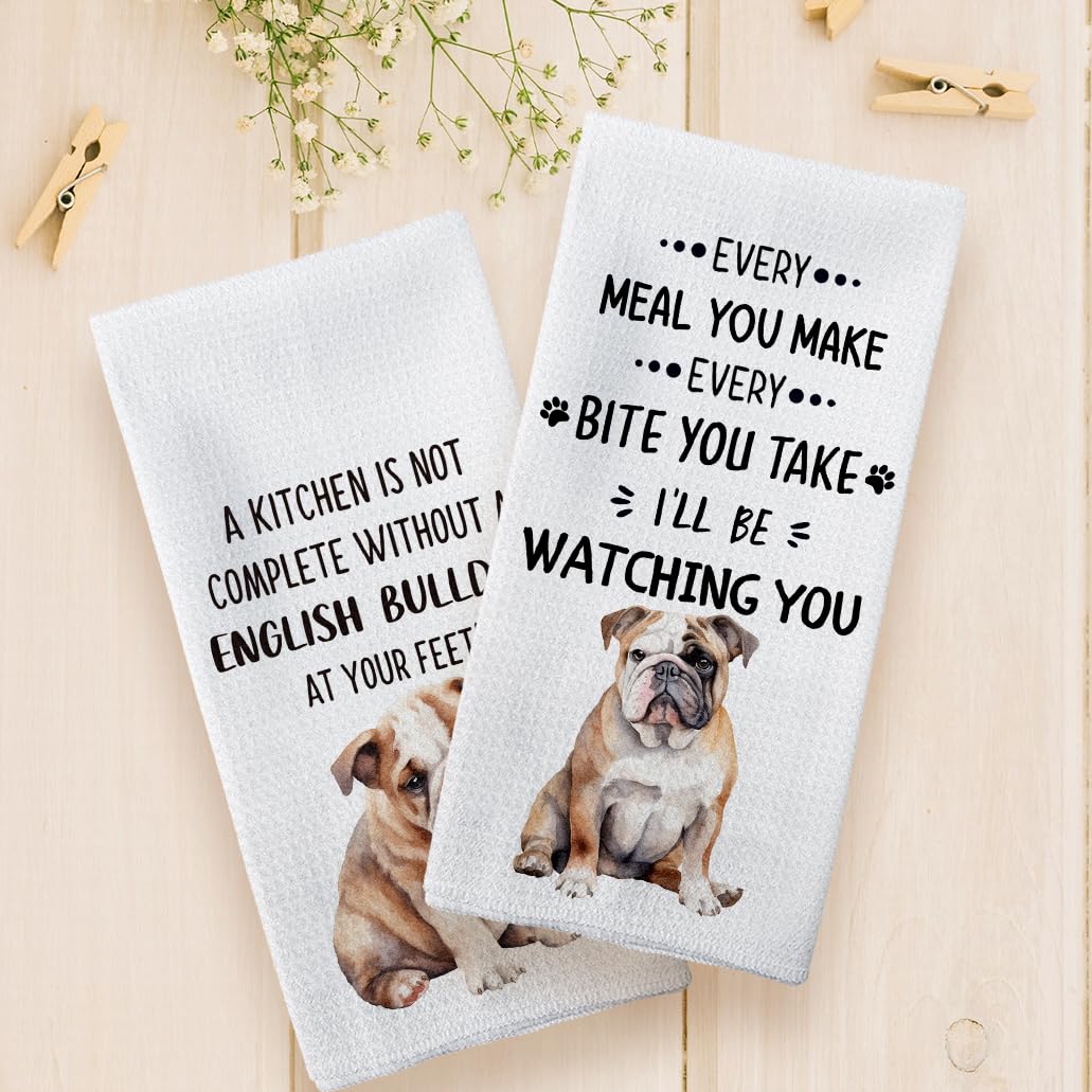 Tzhim English Bulldog Gifts Kitchen Towels Set Of 2, English Bulldog Gifts For Women, English Bulldog Hand Towels, English Bulld