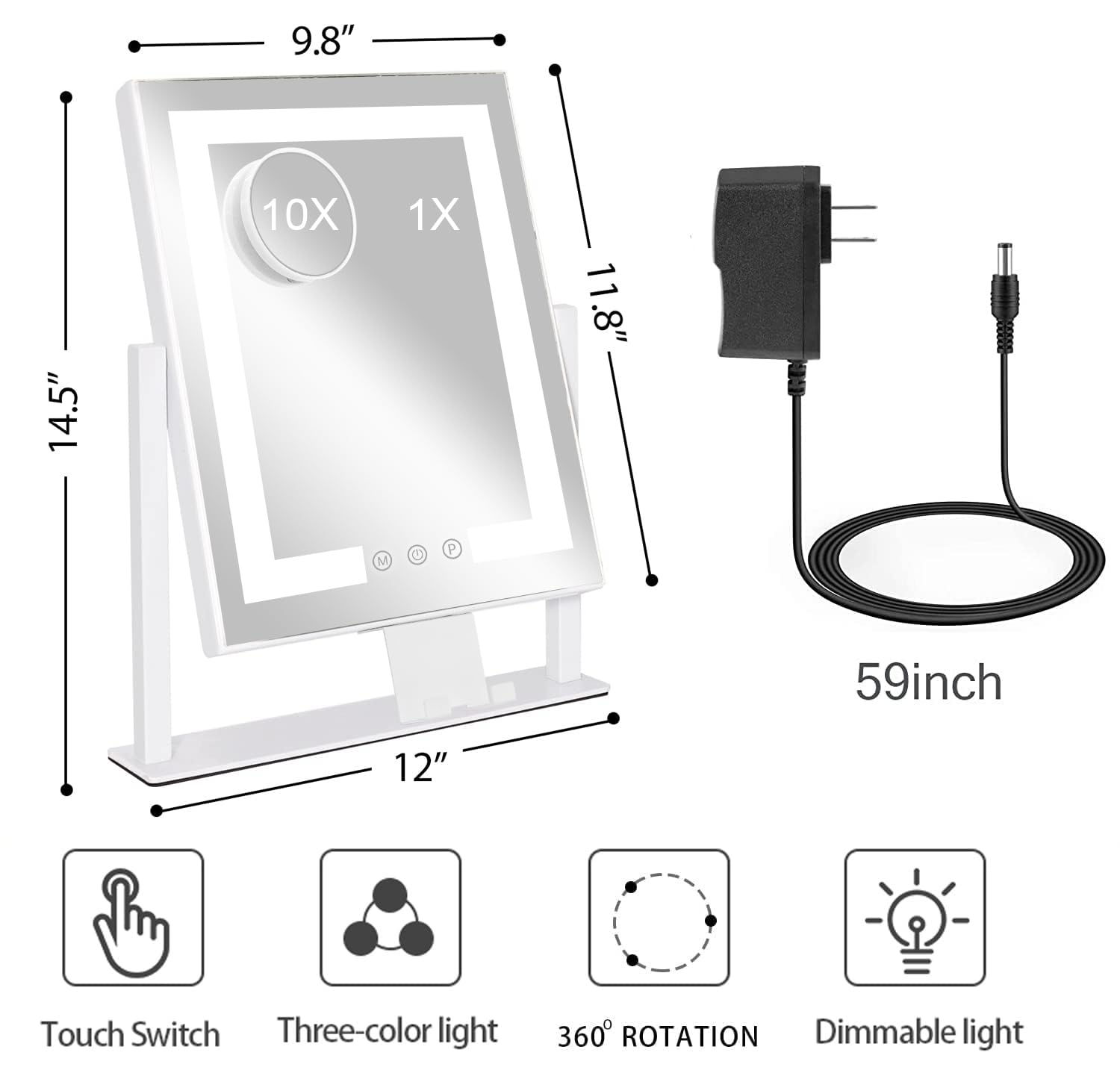 Kottova Makeup Mirror with Lights Vanity Mirror Lighted up Mirror with Phone Holder 3 Color Modes Touch Control  Detachable 10X Magnification Mirror  Metal Frame White