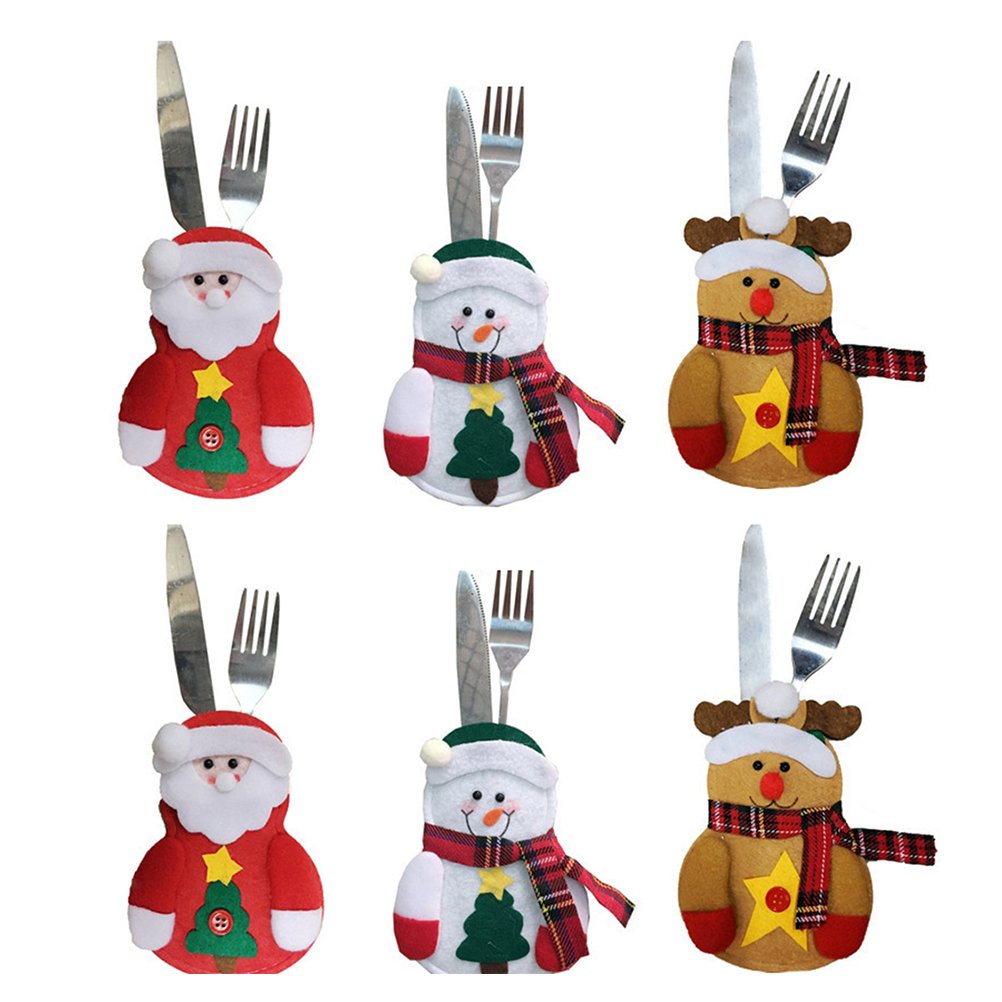 OULII 6pcs Christmas Cutlery Holder Snowman Reindeer Santa Claus Silverware Holders Pockets