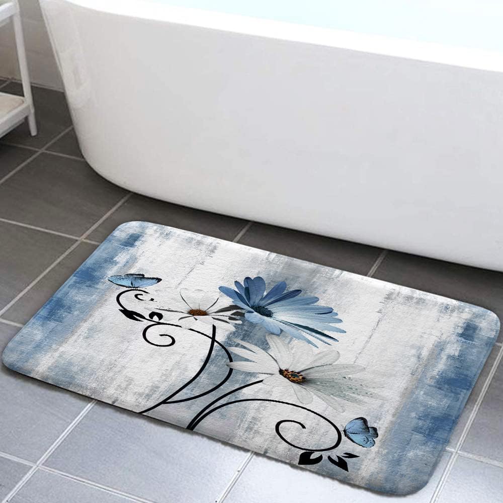 Veivian Rustic Farmhouse Bath Mat, Farm Blue Daisy Floral Flowers Butterfly Country Wooden Bath Rug For Bathroom, Grey White Bat