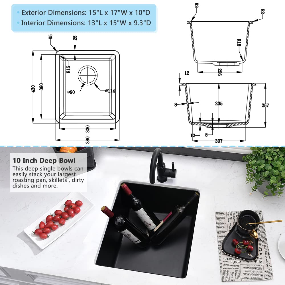 15 Inch Black Bar Sink Undermount Kitchen Sink- Vasoyo 15''X17'' Black Undermount Wet Bar Prep Kitchen Sink Dual Mount Granite U