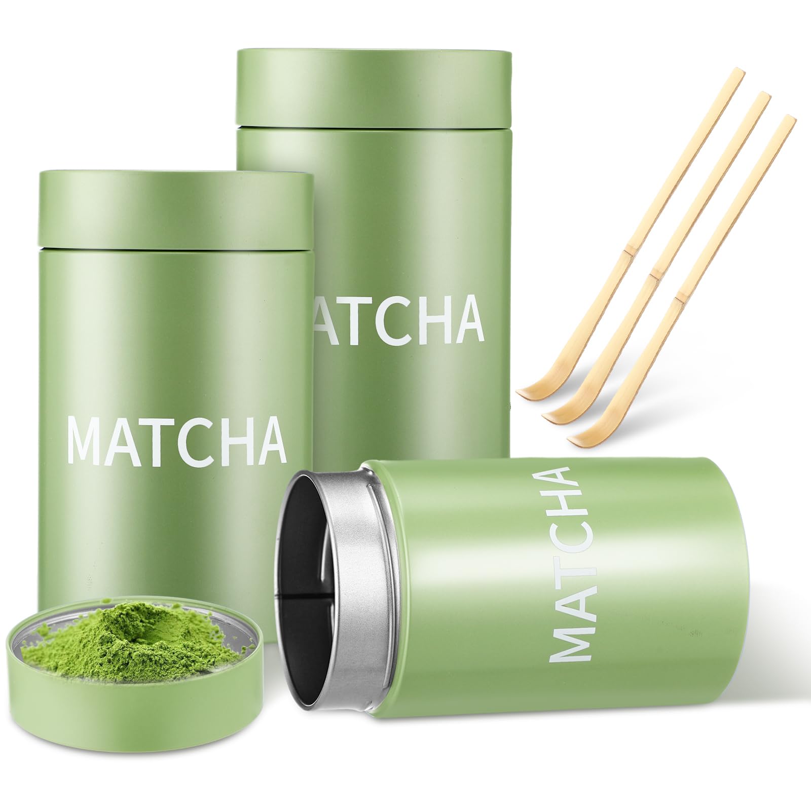 Suclain 3 Sets Matcha Tin Container with Bamboo Scoop 15 oz Matcha Powder Storage Canister Round Airtight Metal Tins with Lids f