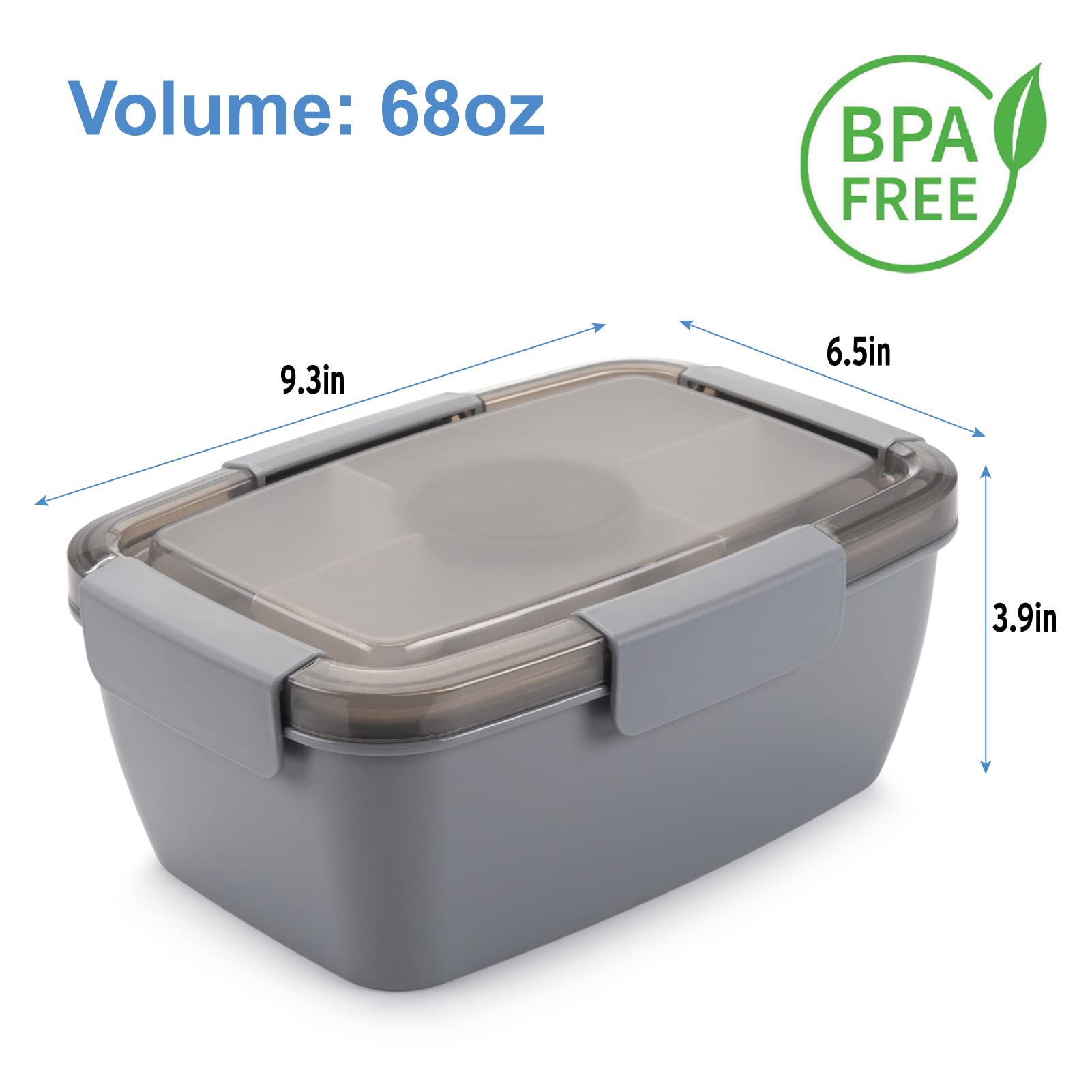 Freshmage Salad Lunch Container To Go, 68-Oz Grey-Xl, Leak-Proof Lid, 4 Compartments, Sauce Container, Safe Material, Easy Carry