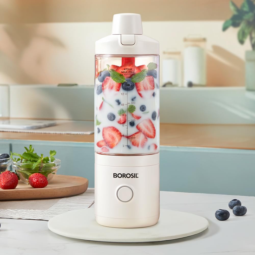 Borosil 75W Nutrimate Portable Blender | 550Ml Tritan Jar With Glass Grinding Jar | Dc Motor | Smoothie Maker, Protein Shakes, J