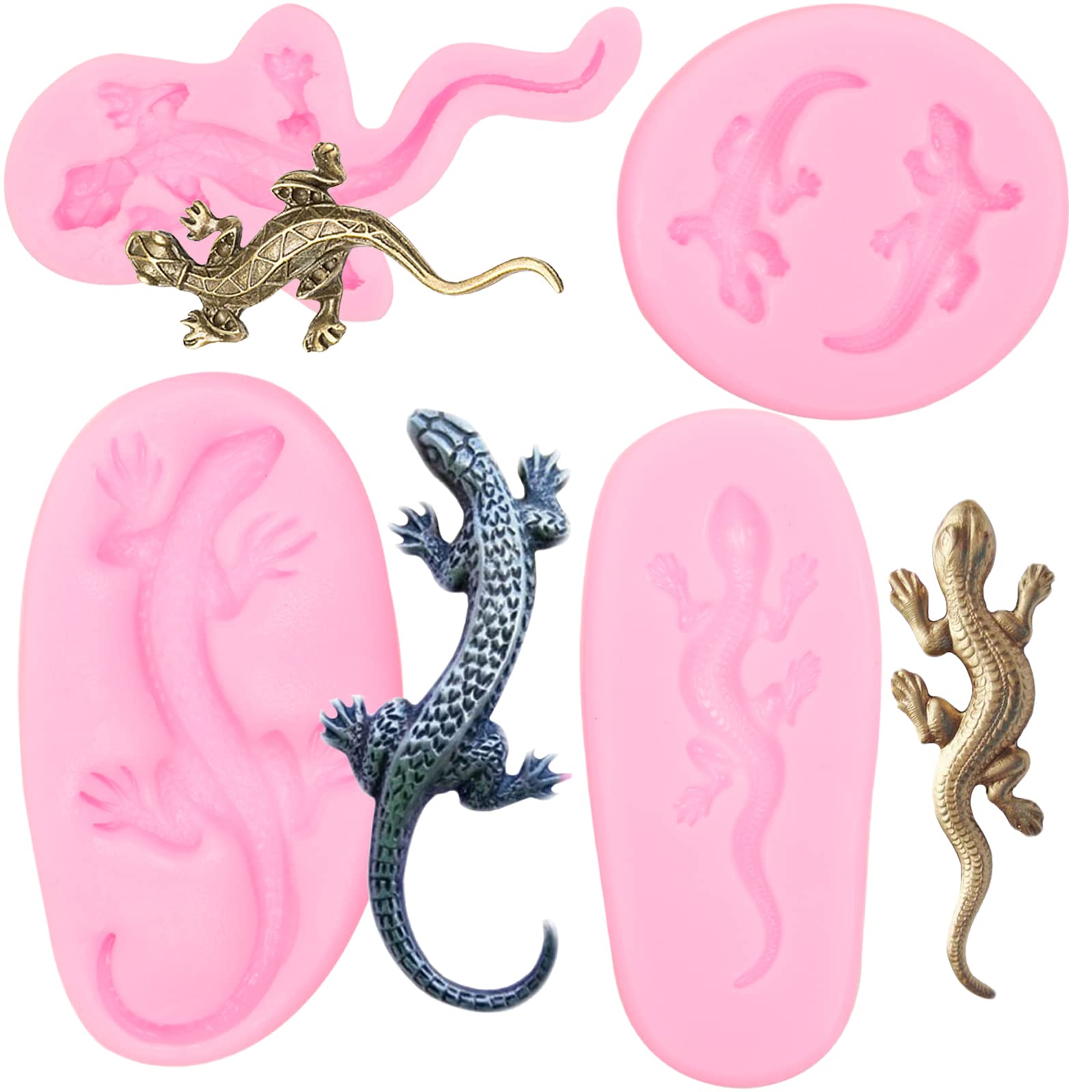 Lizard Gecko Fondant Mold 4 Pcs, Chocolate Candy Silicone Molds For Cake Decoration Cupcake Topper Cake Resin Polymer Clay Craft
