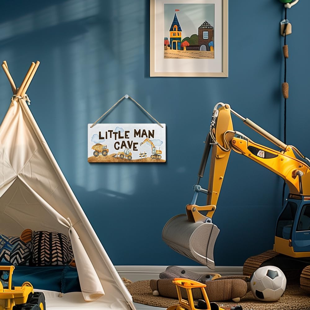 YZEXEZY Construction Boy Room Decor-Little Man Cave Sign 6x12 Construction Wall Decor Hanging Plaque for Toddler Room,Kids Bedro