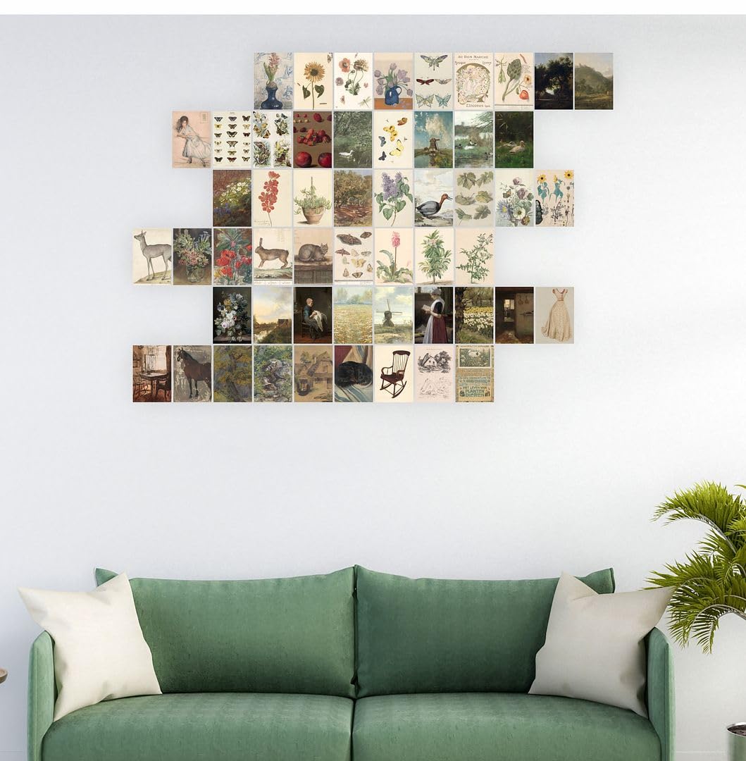 Cvanu Set Of 54 Botanical Art Aesthetic Picture Printed On Poster Wall Collage Kit With Glue Dot Tape For Wall Decor (6Inchx4Inc