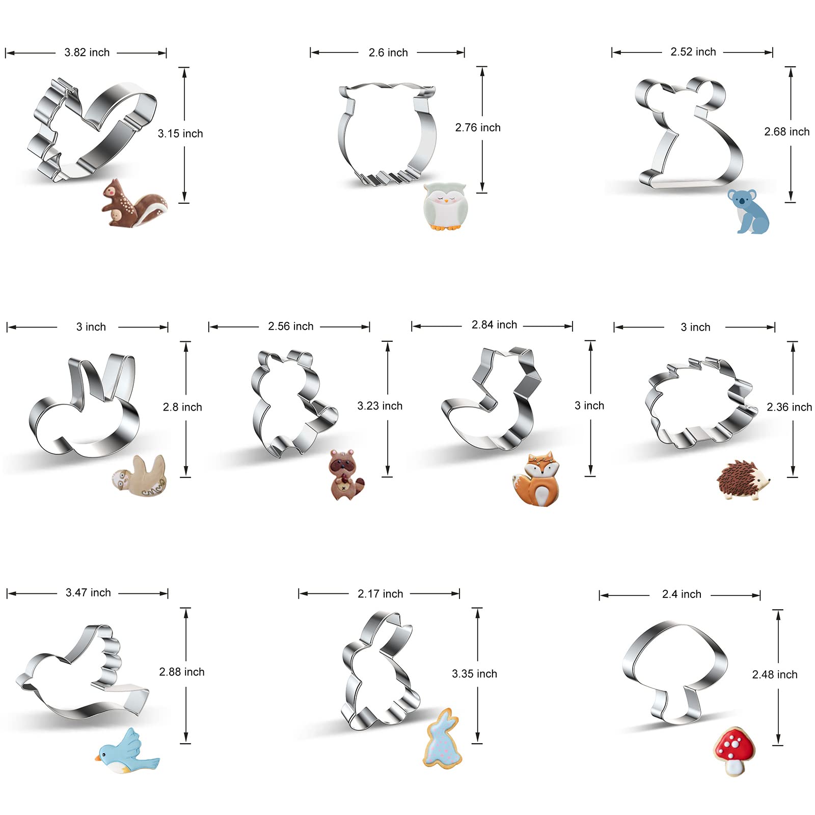 Woodland Animal Cookie Cutter Set - 10 Piece - Squirrel, Owl, Koala, Sloth, Raccoon, Fox, Hedgehog, Bird, Bunny, Mushroom Animal