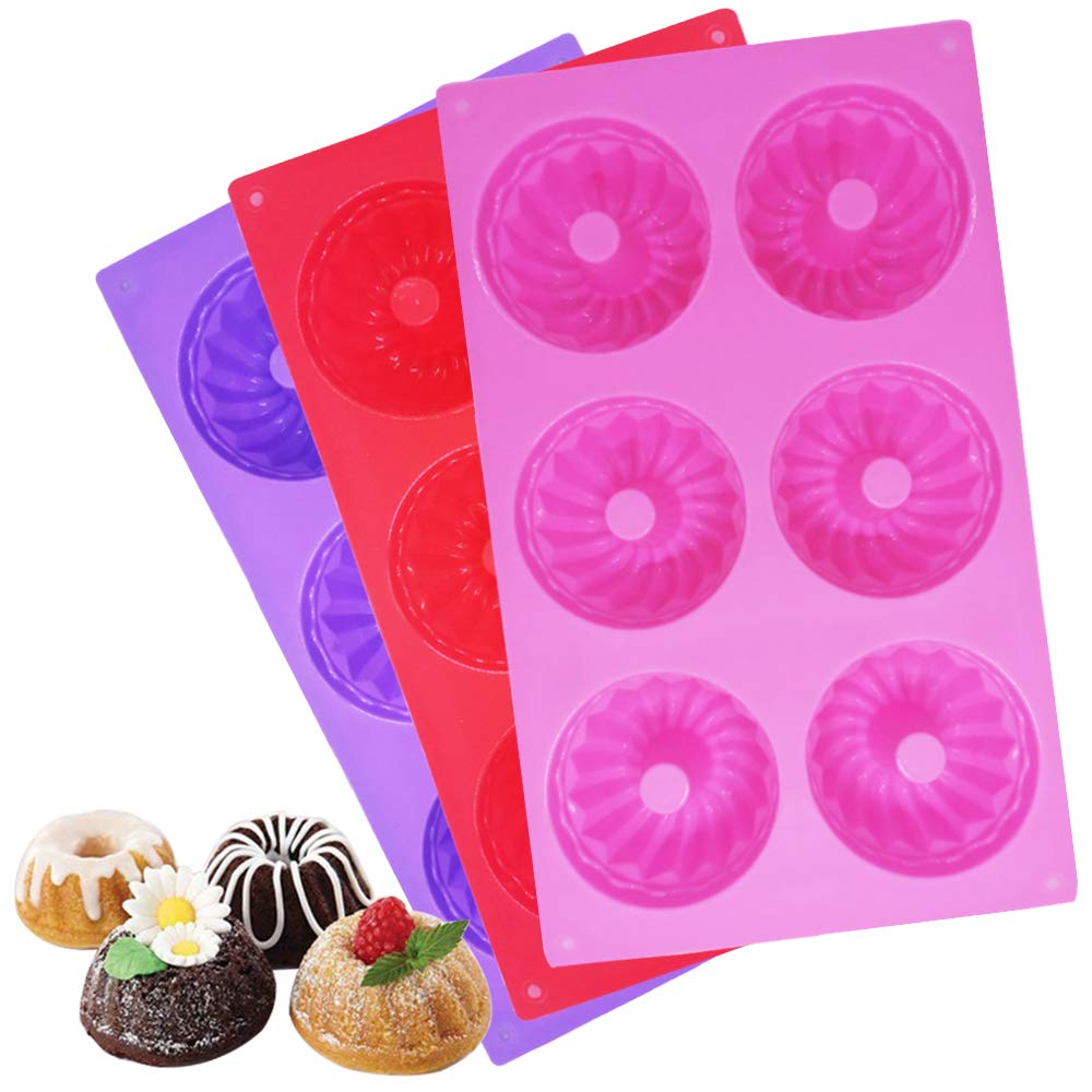 3 Packs Silicone Mini Fluted Cake Pans, Findtop Mini Tube Cake Baking Pan For Muffin Cups, Coffee Cake, Cupcake, Brownie- Pink,